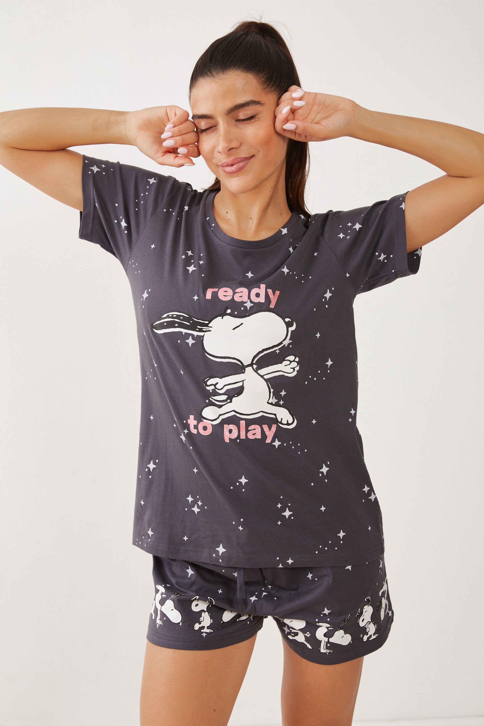 פיג'מה קצרה כותנה סנופי משחק - אפור כהה