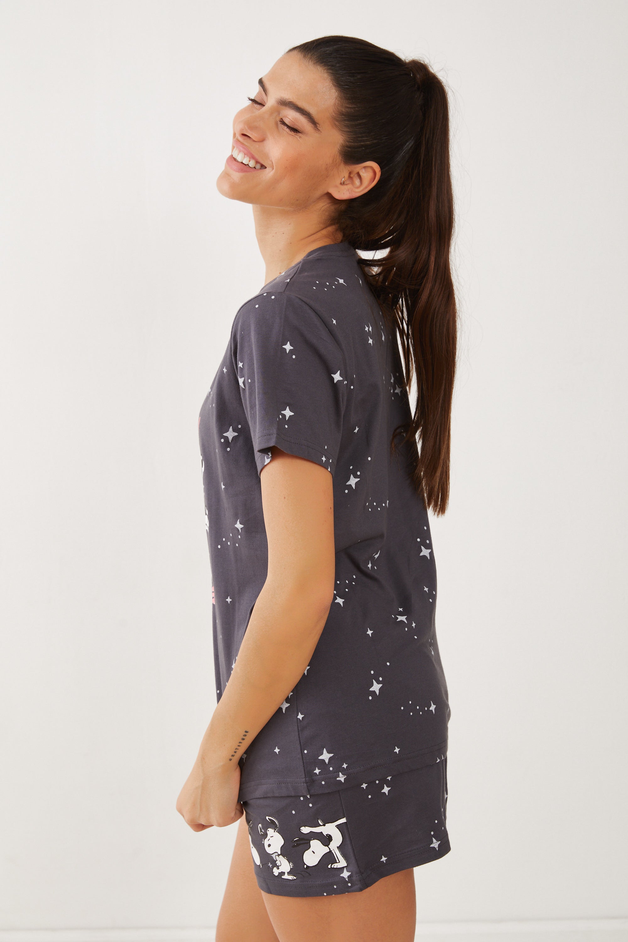 פיג'מה קצרה כותנה סנופי משחק - אפור כהה
