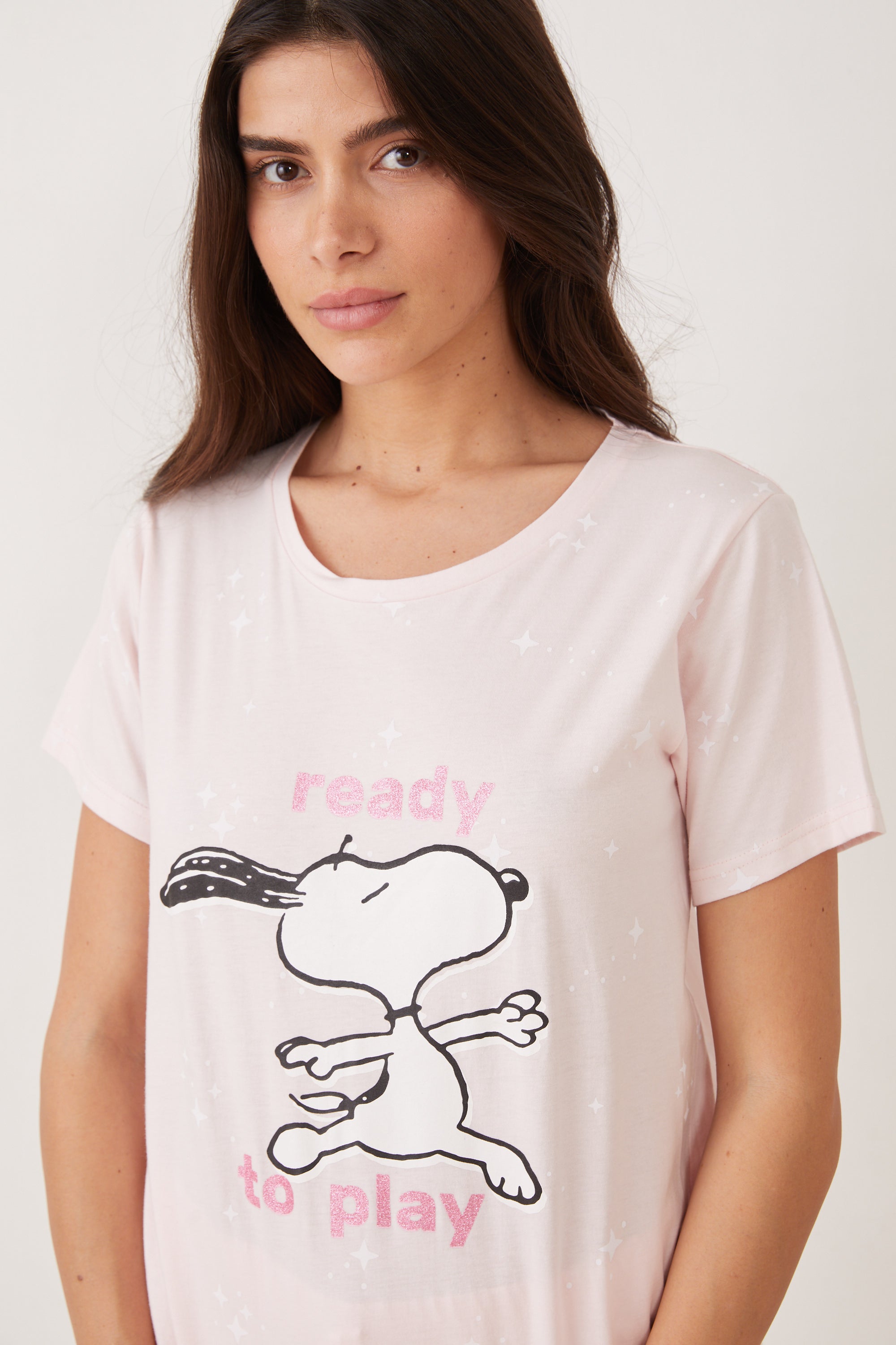 פיג'מה קצרה כותנה סנופי משחק - ורוד