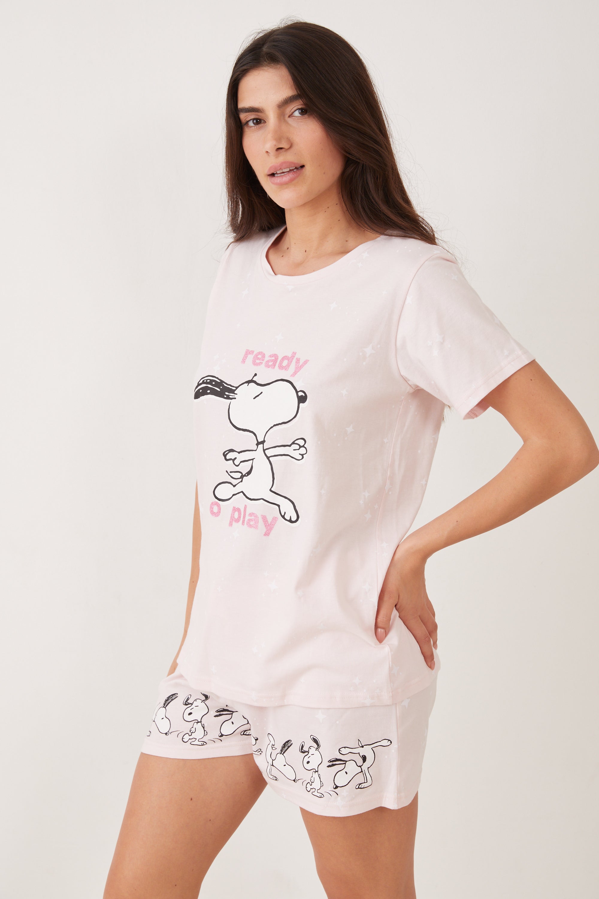 פיג'מה קצרה כותנה סנופי משחק - ורוד