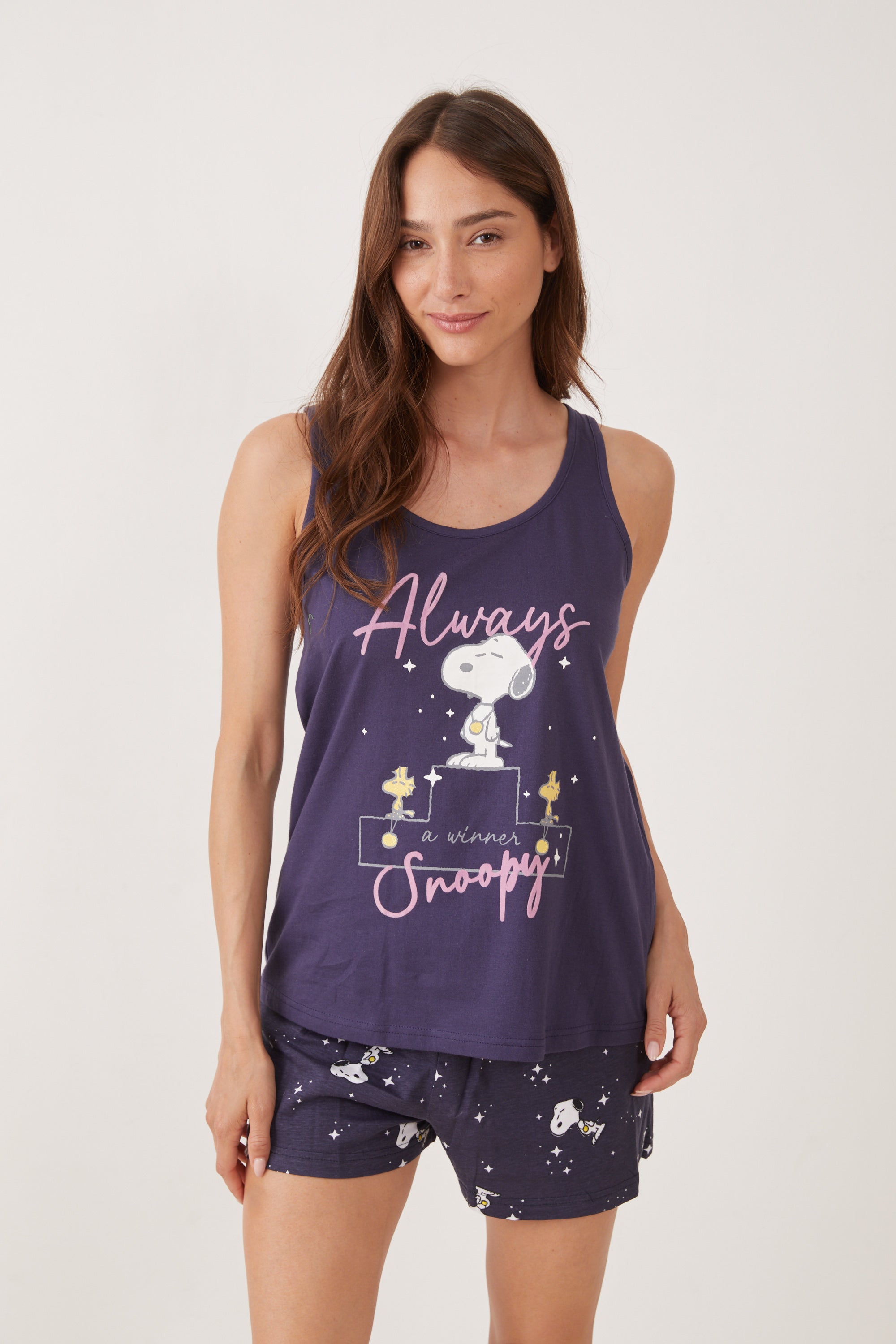 פיג'מה גופייה כותנה סנופי אלוף - כחול נייבי