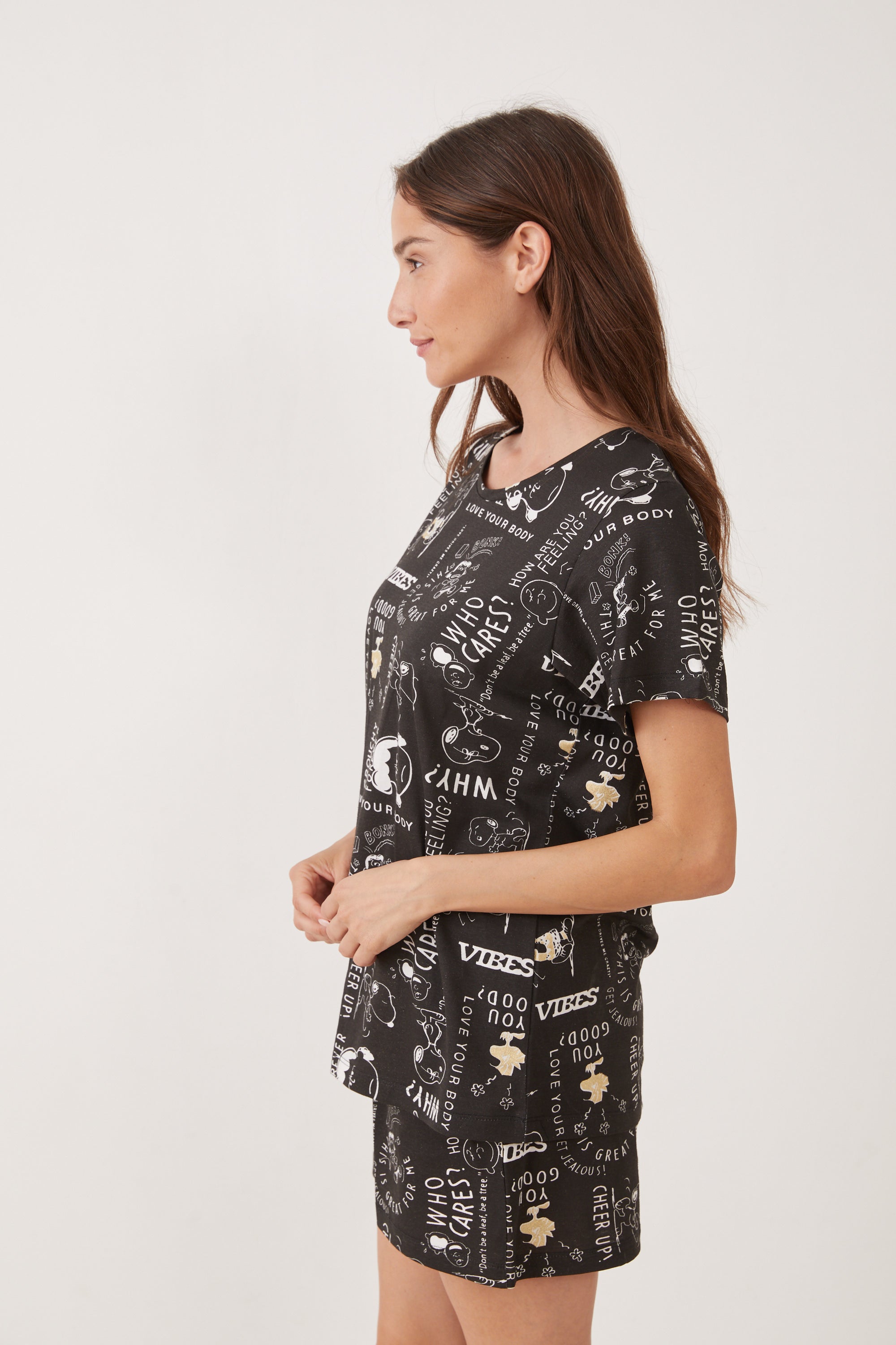 פיג'מה קצרה כותנה סנופי וחברים - שחור