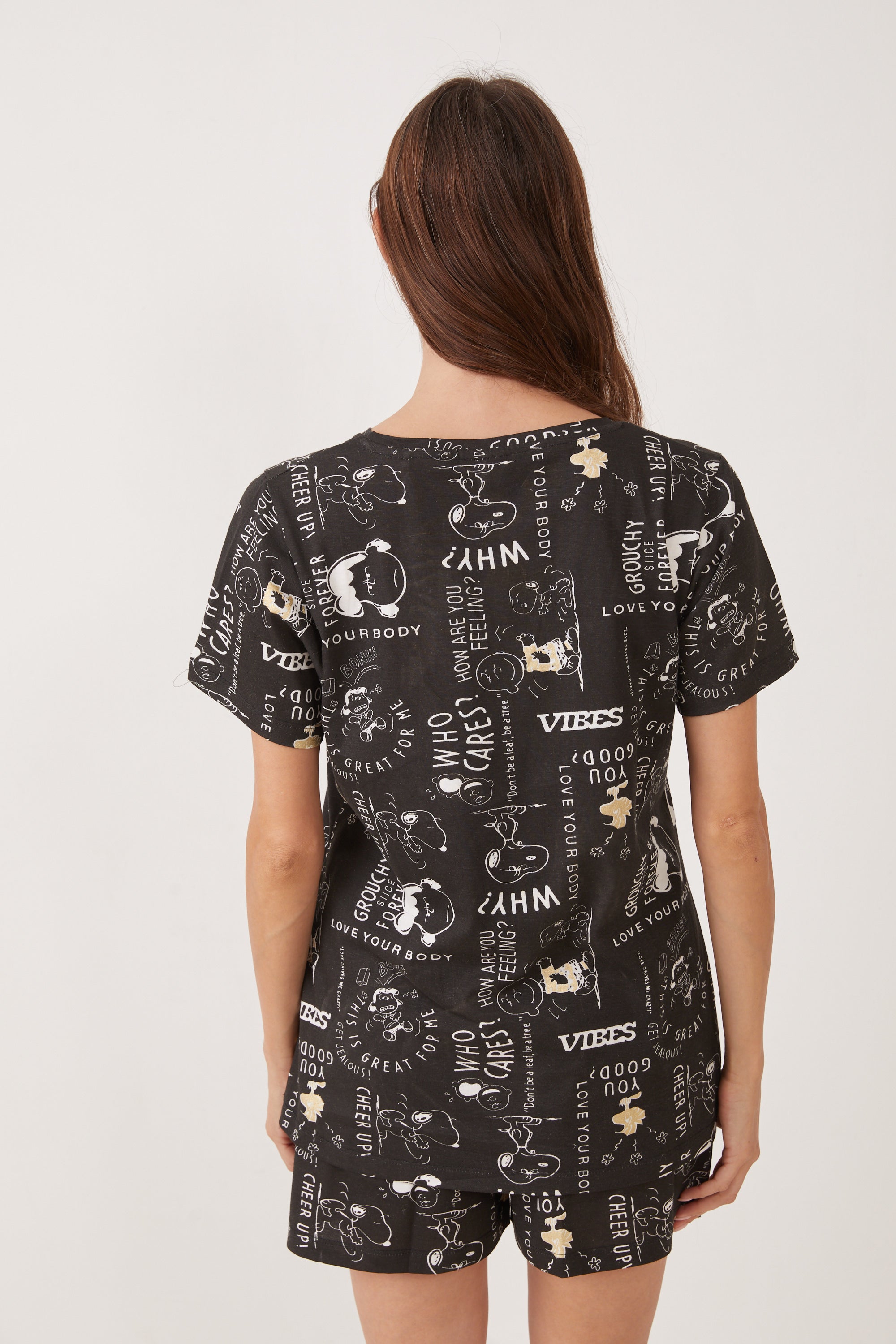 פיג'מה קצרה כותנה סנופי וחברים - שחור