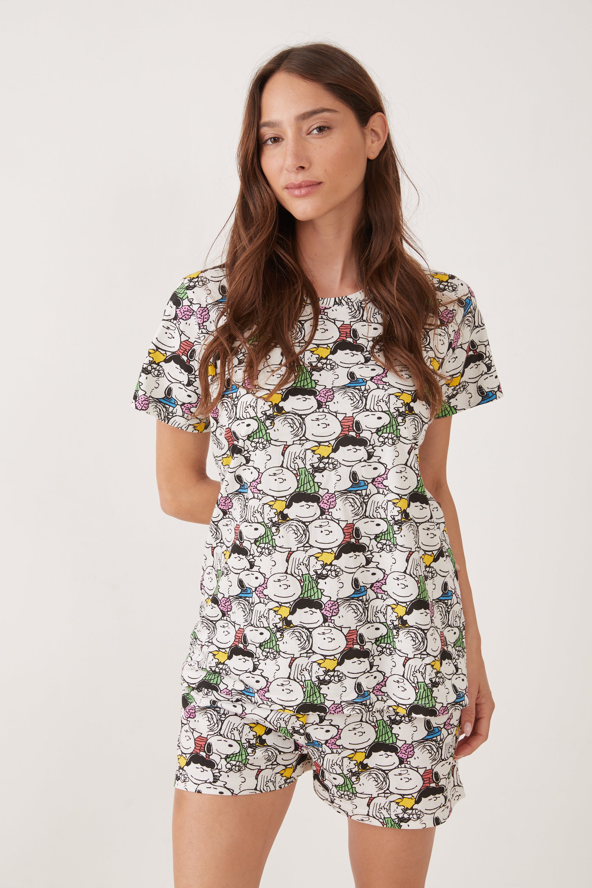פיג'מה קצרה כותנה סנופי וחברים - אפור מלאנז