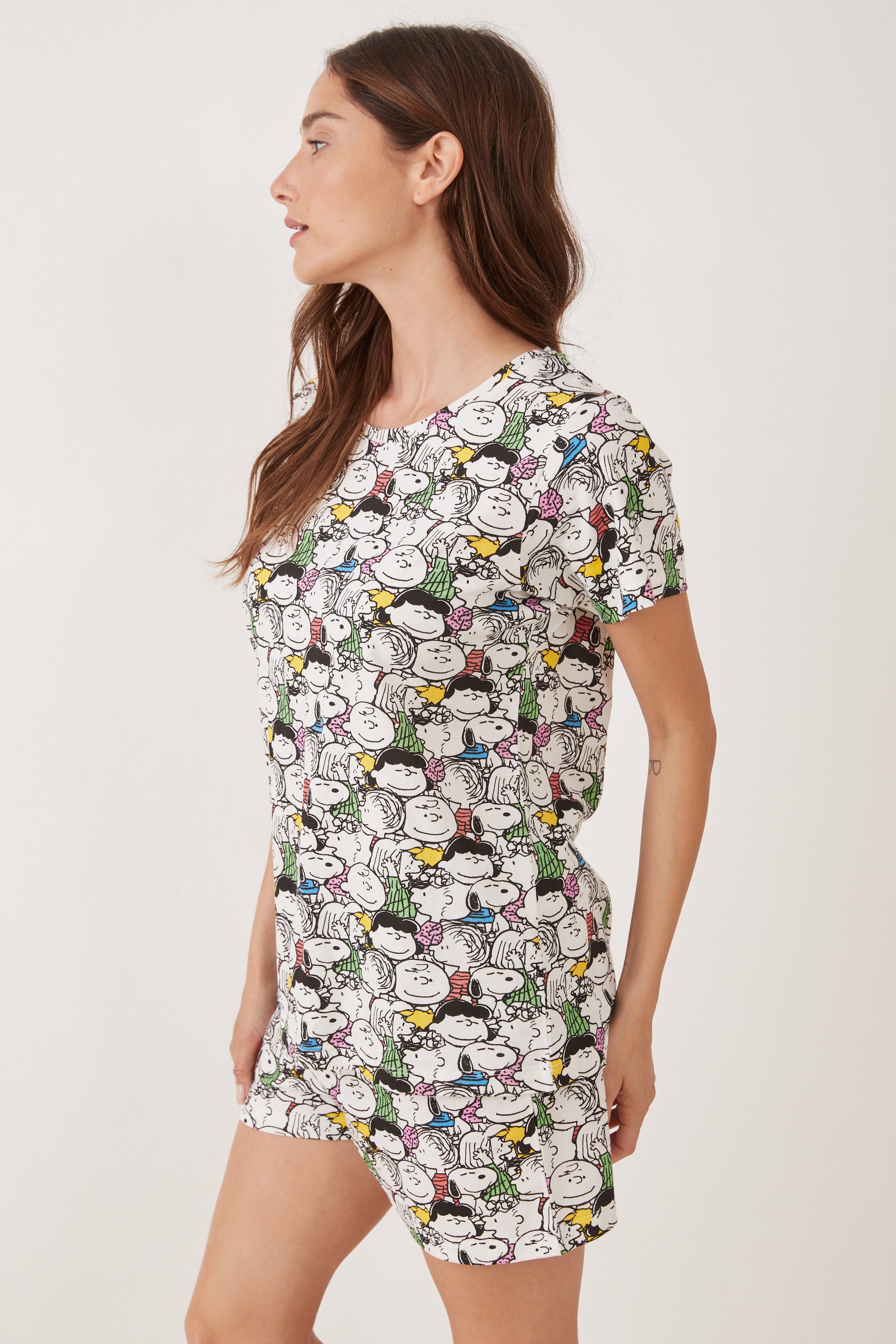 פיג'מה קצרה כותנה סנופי וחברים - אפור מלאנז