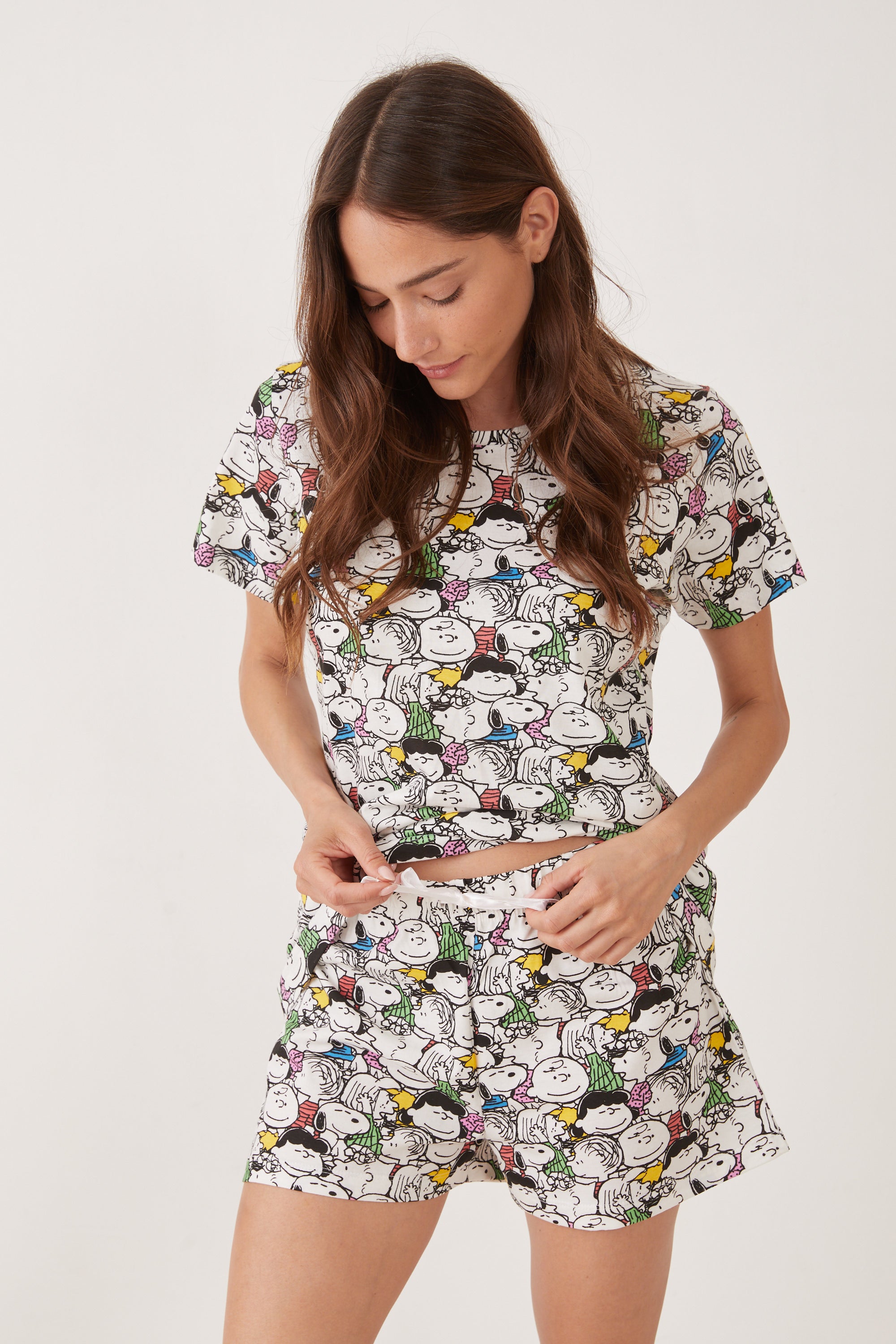 פיג'מה קצרה כותנה סנופי וחברים - אפור מלאנז