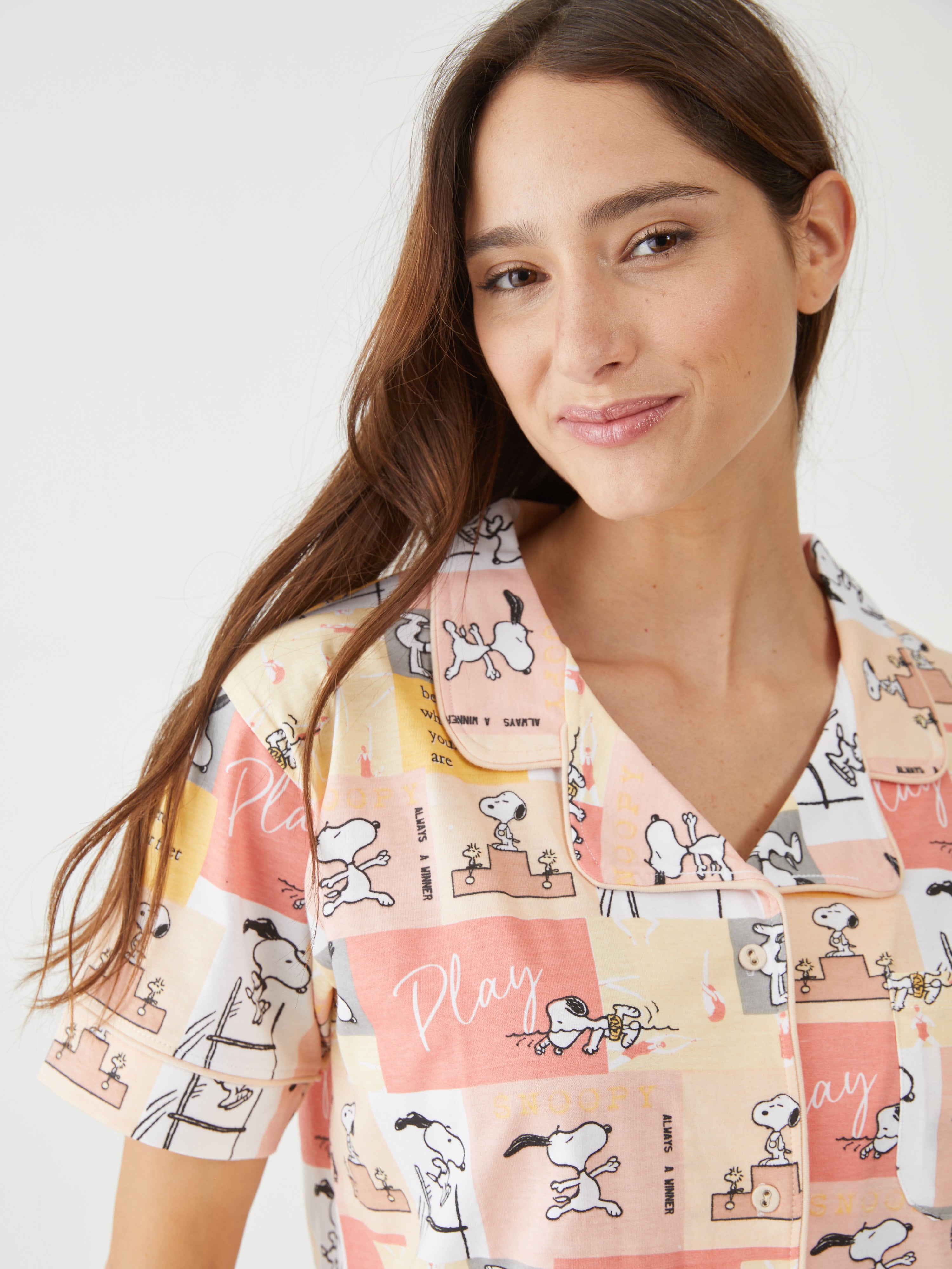 חולצת שינה כותנה- סנופי משחק - אפרסק