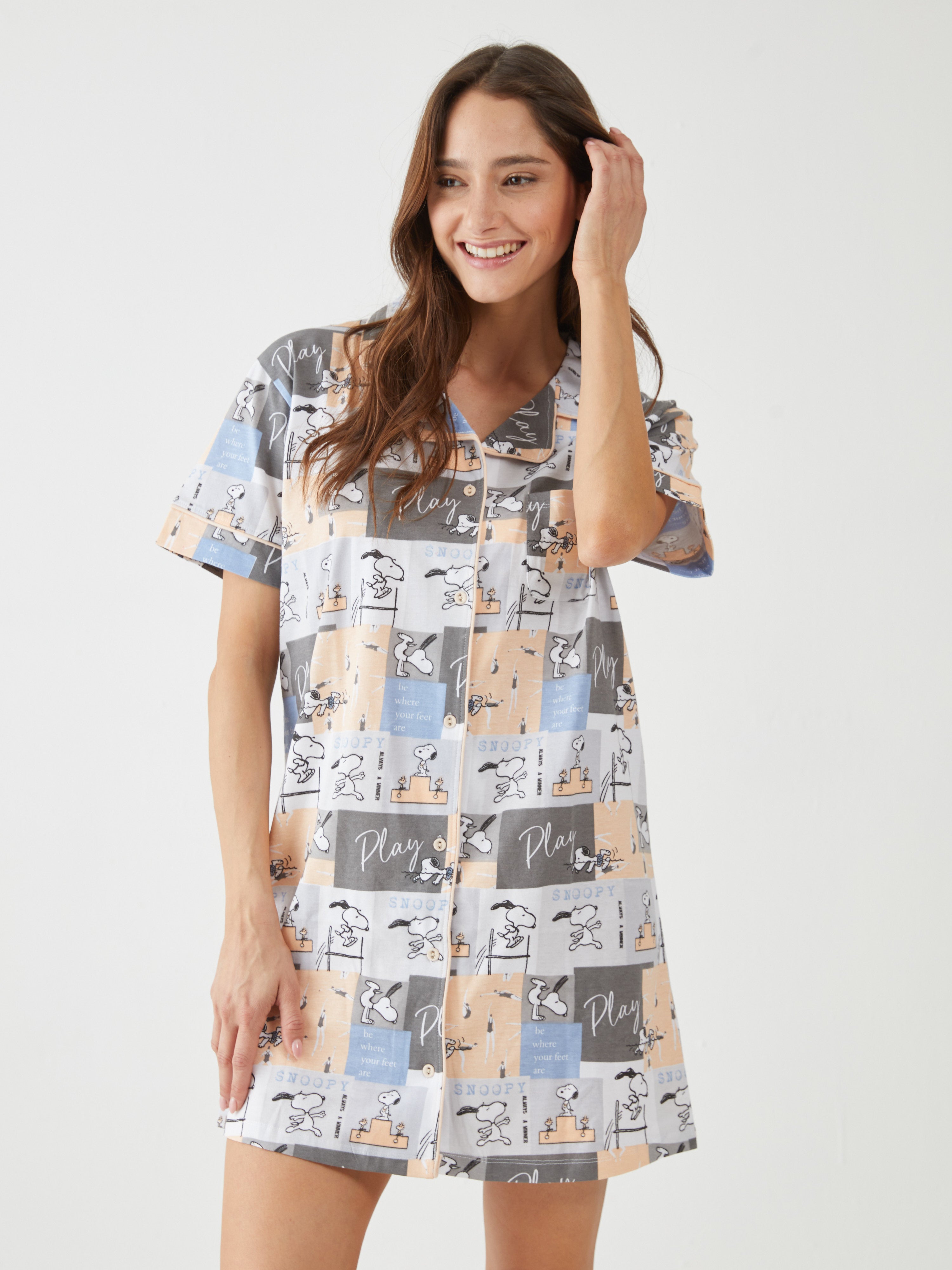 חולצת שינה כותנה- סנופי משחק - אפור