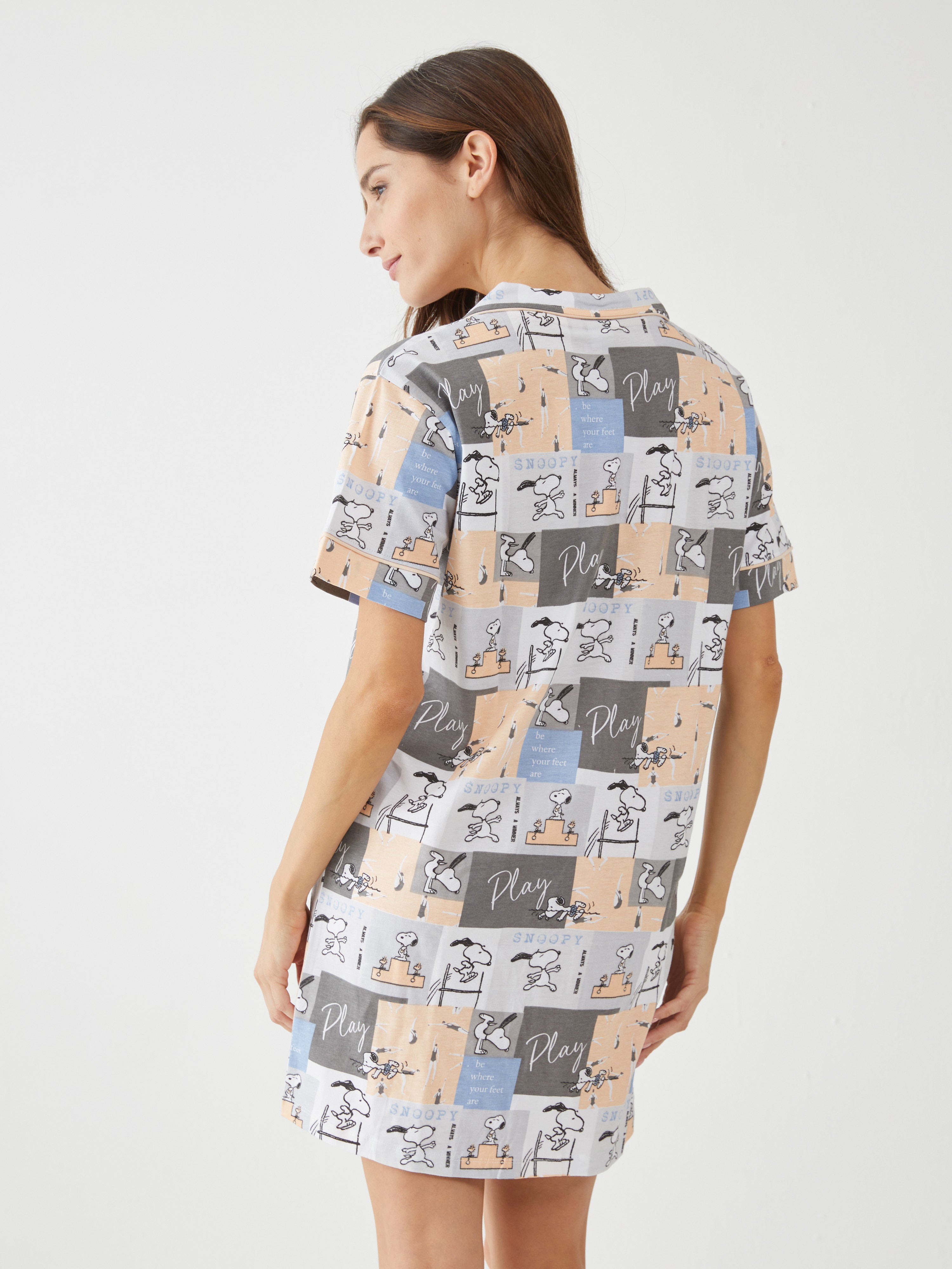 חולצת שינה כותנה- סנופי משחק - אפור