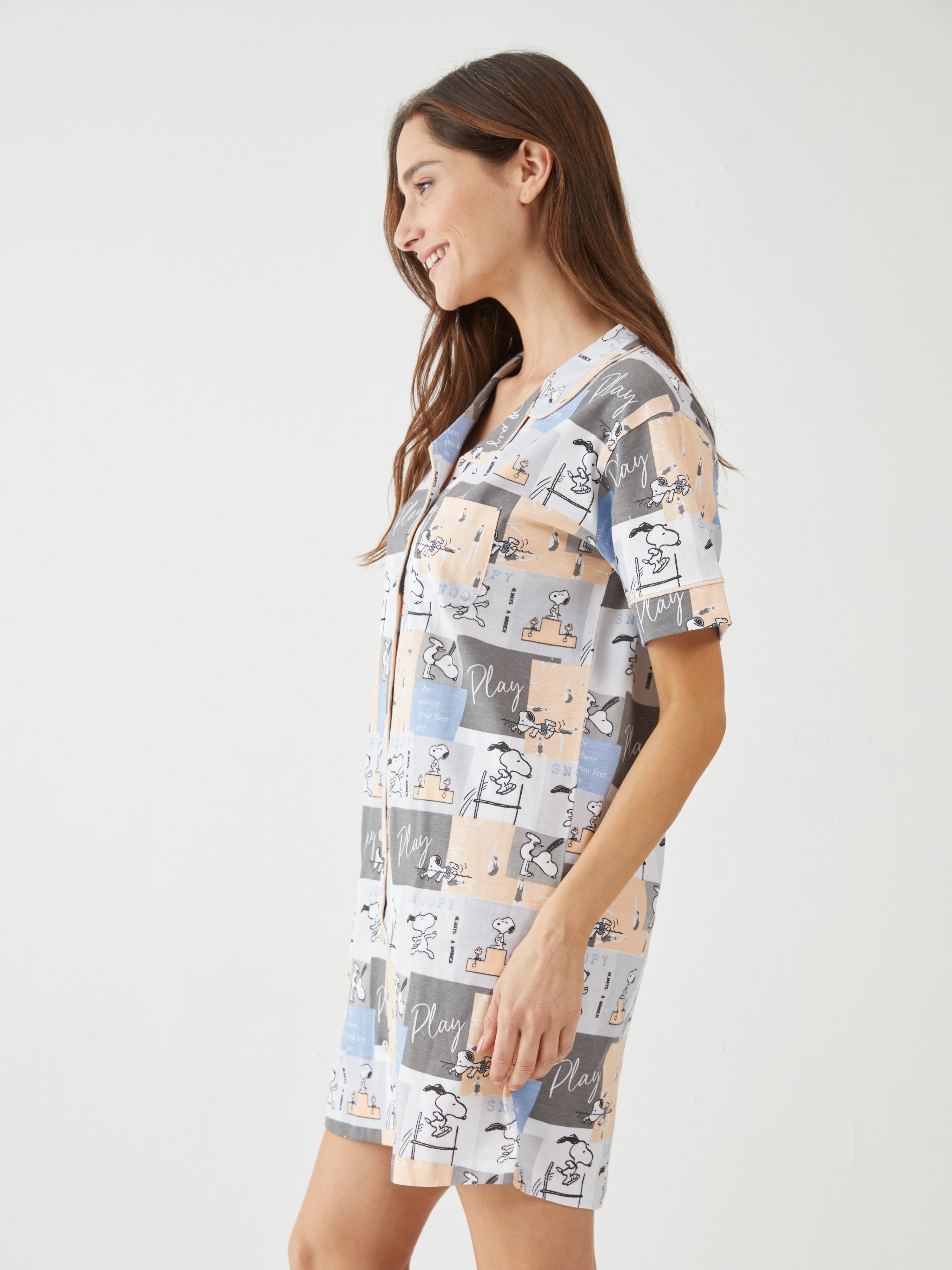 חולצת שינה כותנה- סנופי משחק - אפור