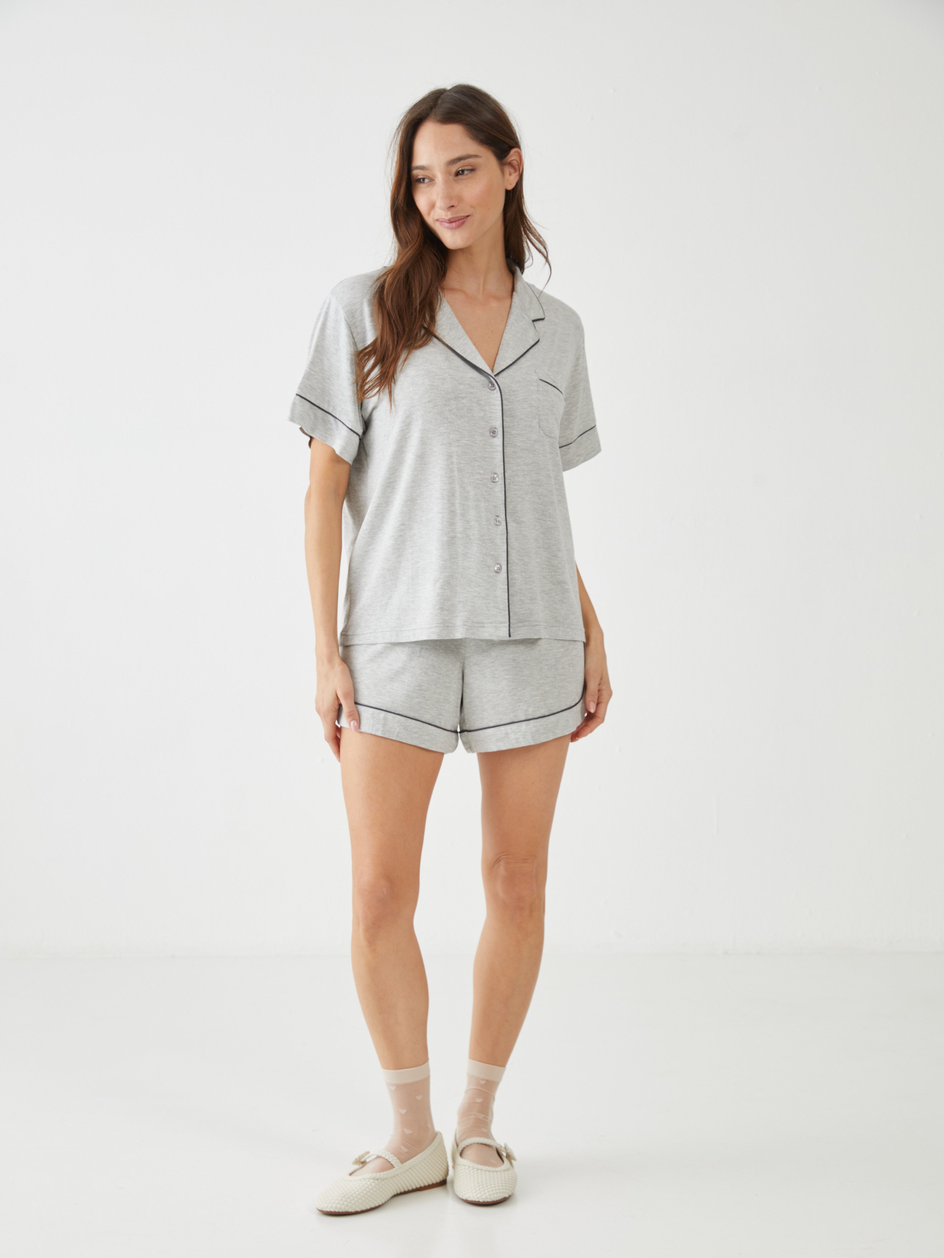 טהבד מכופתרת מ.קצר קלאסי - אפור מלאנז