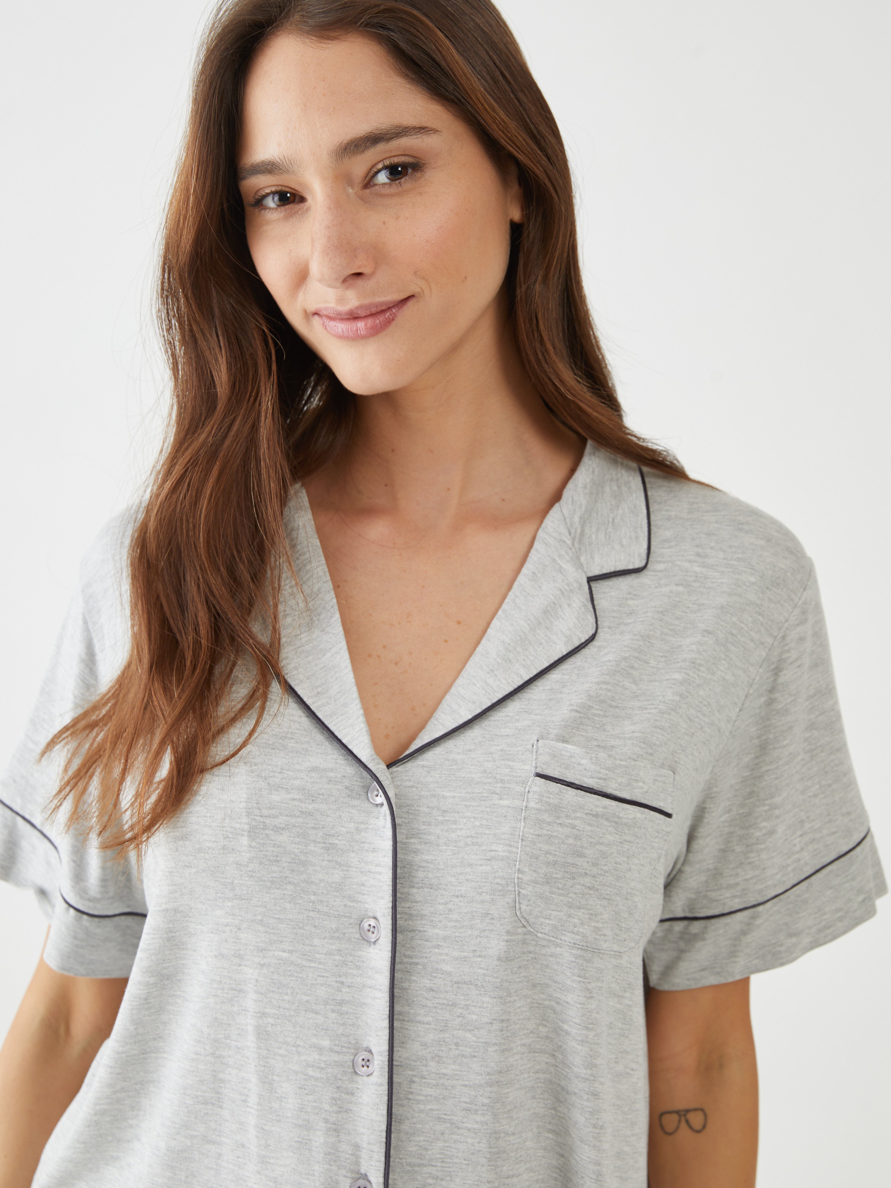 טהבד מכופתרת מ.קצר קלאסי - אפור מלאנז