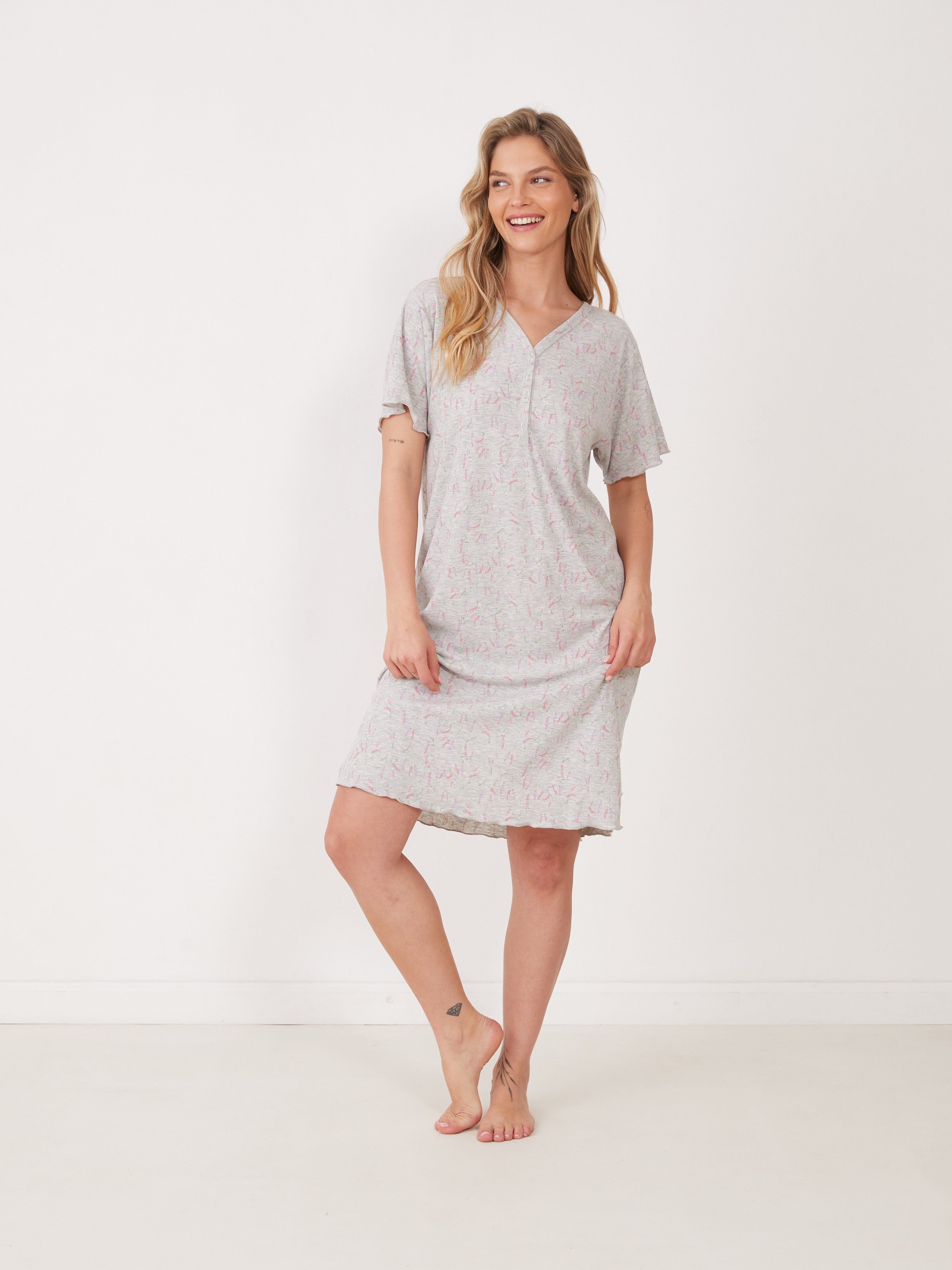 טהבד כותונת ריב--פרחים קטנים אפור מלאנז