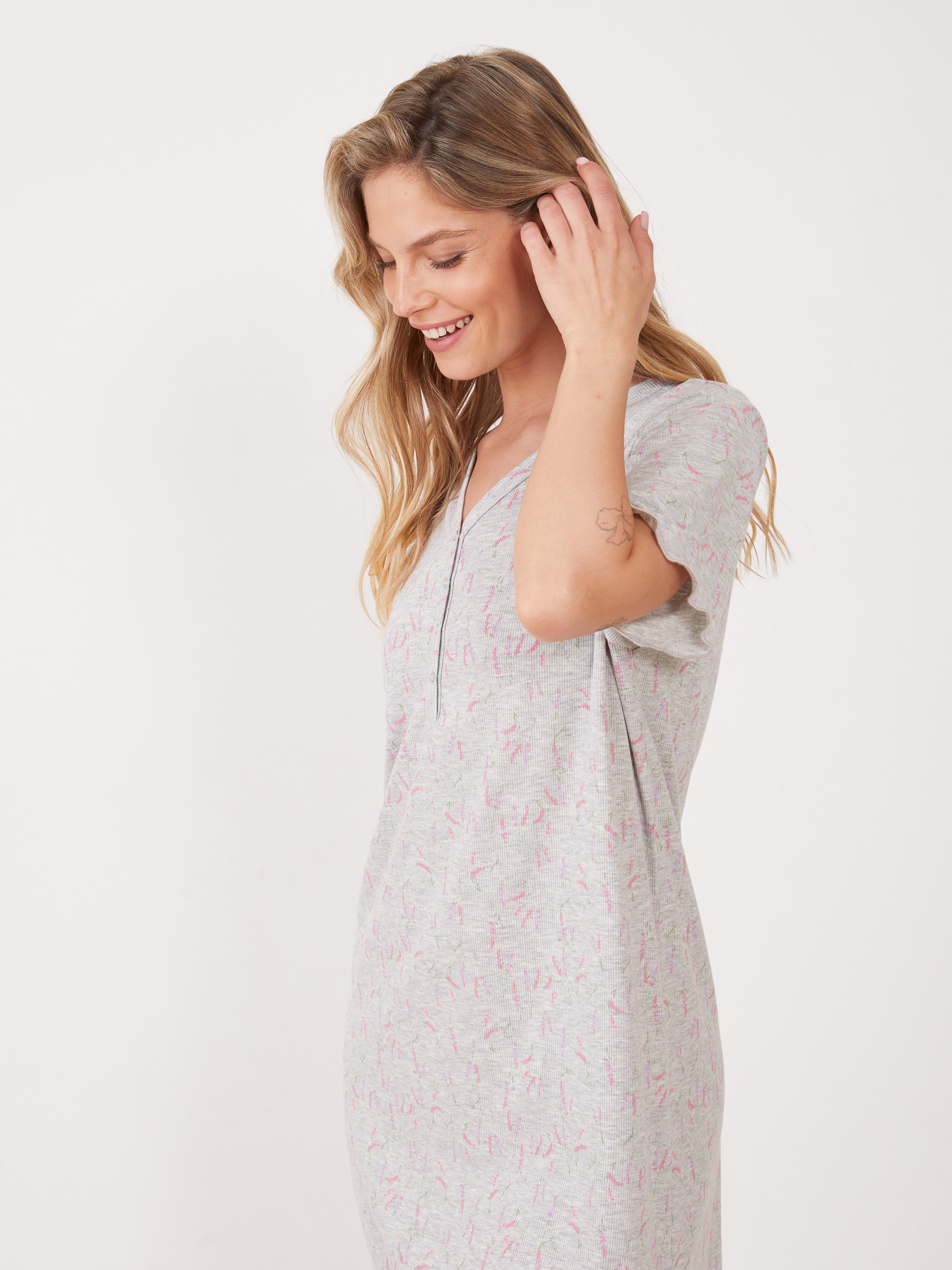 טהבד כותונת ריב--פרחים קטנים אפור מלאנז