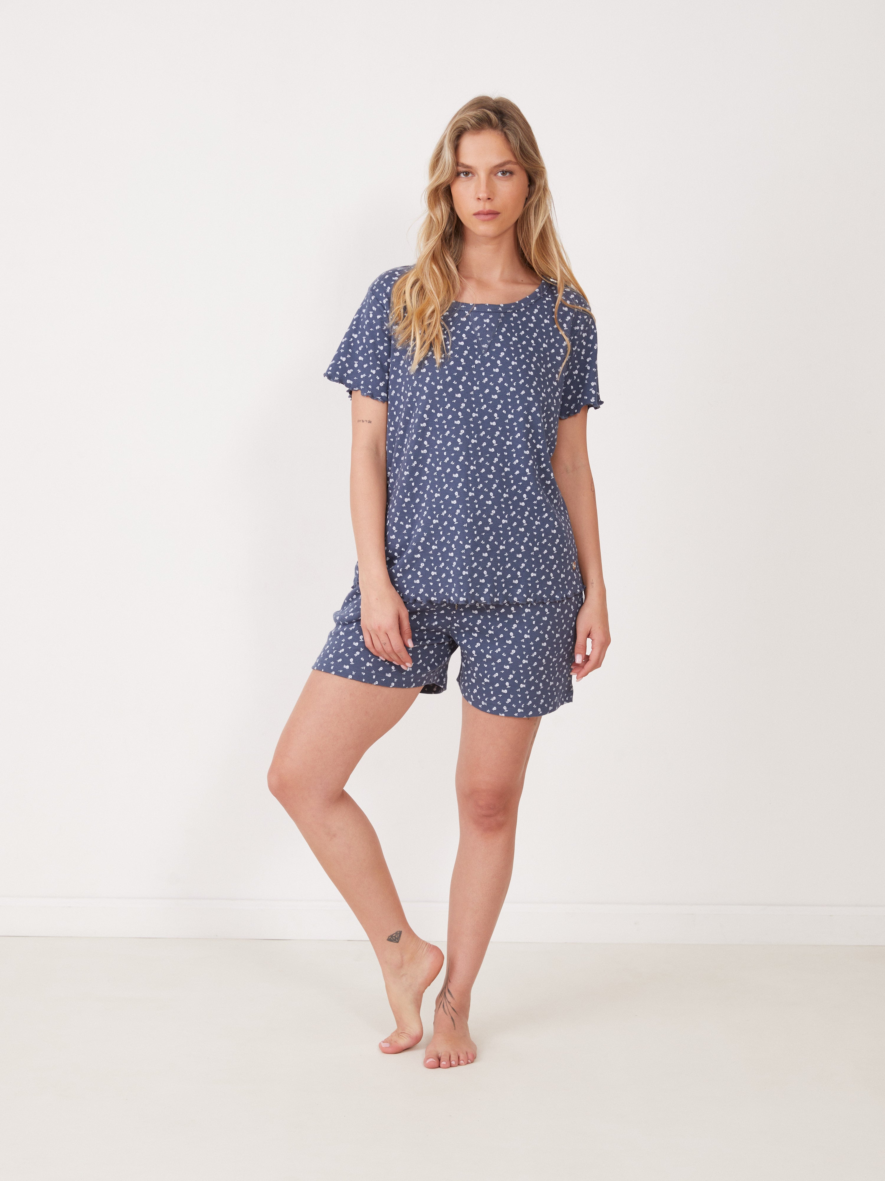 טהבד ריב מ.קצר-פרחים - כחול ג'ינס