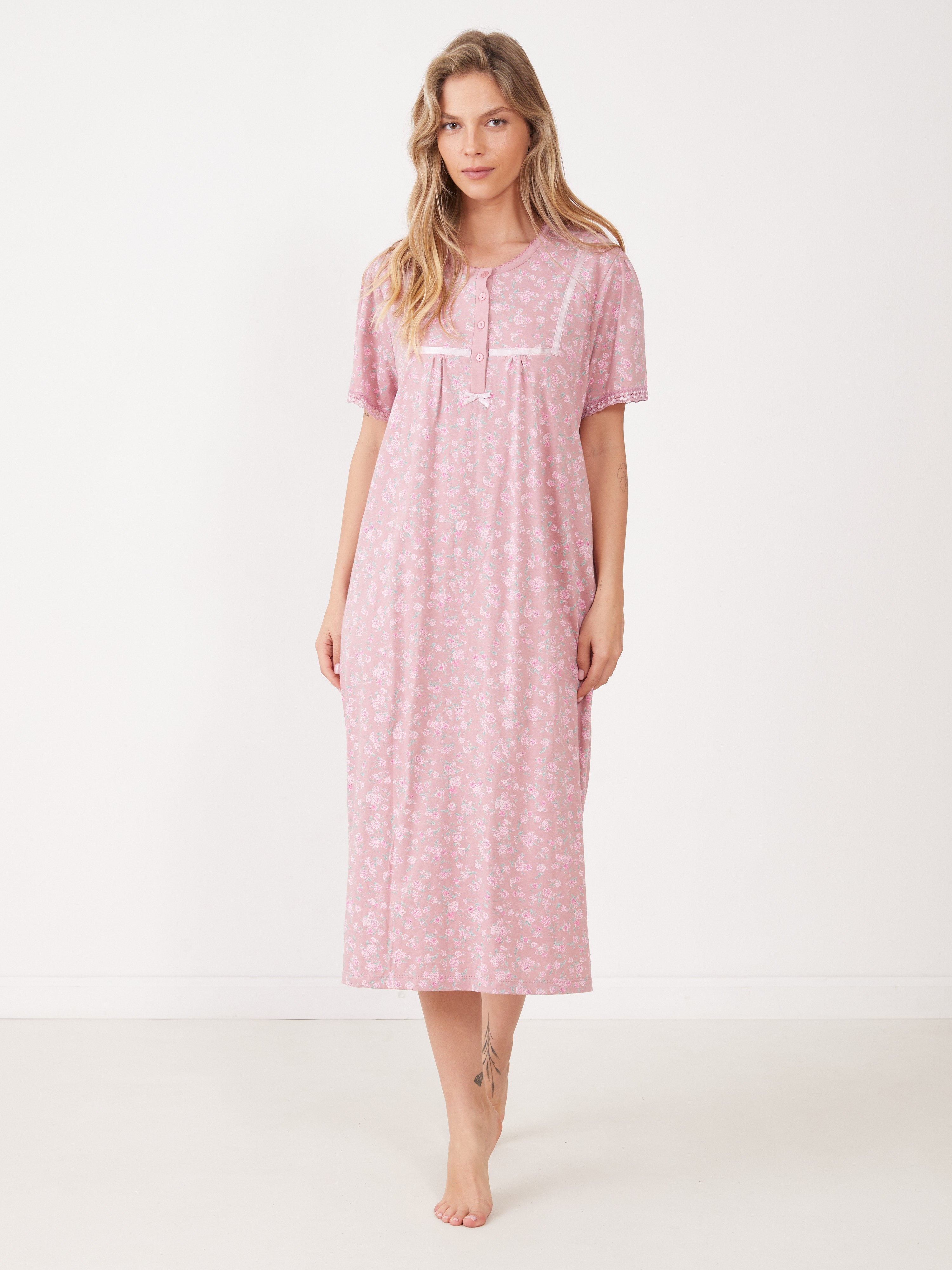 טהבד כותונת פרחונית שרוול קצר - ורוד מעושן