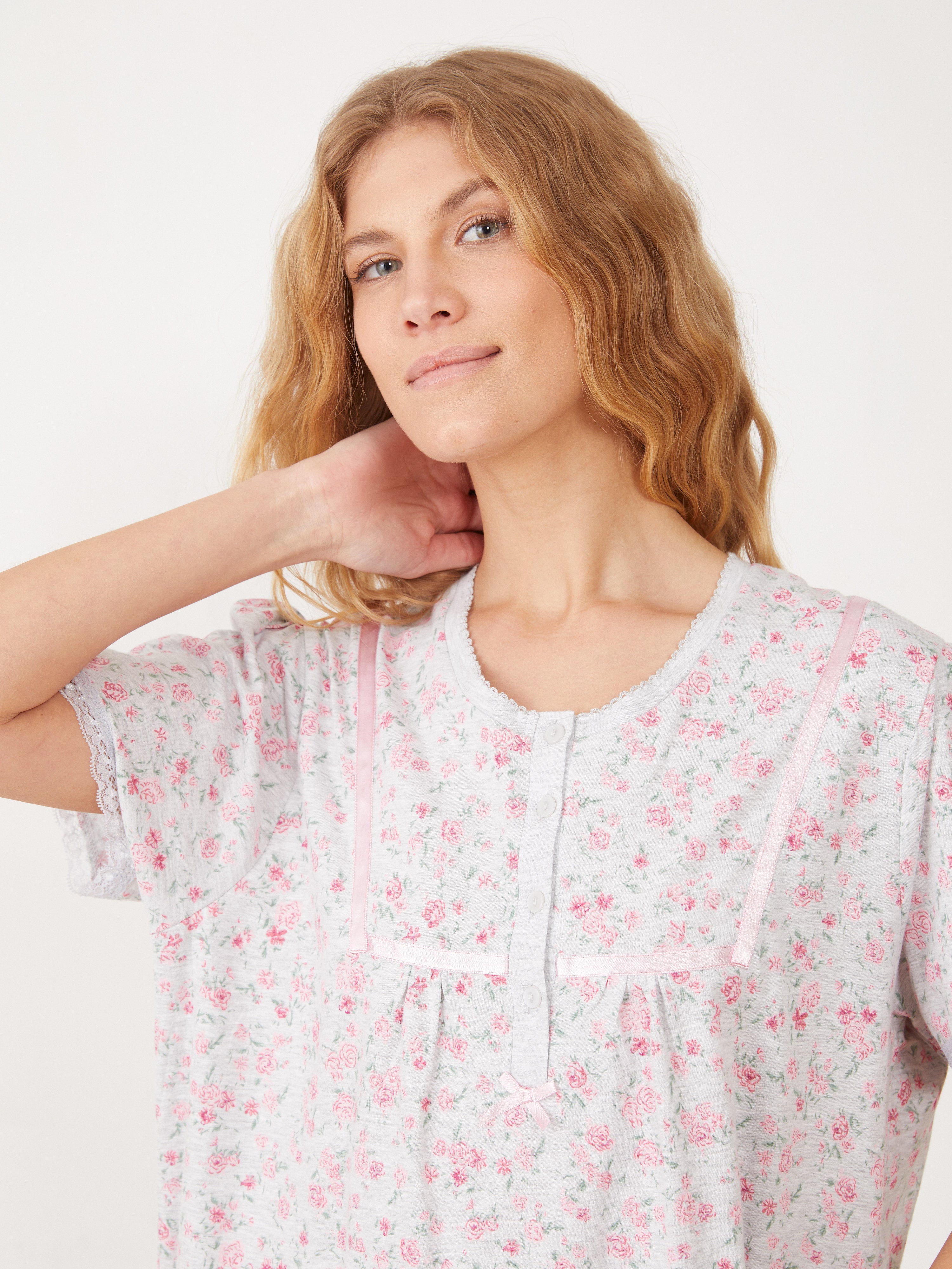 טהבד כותונת פרחונית שרוול קצר - אפור מלאנז