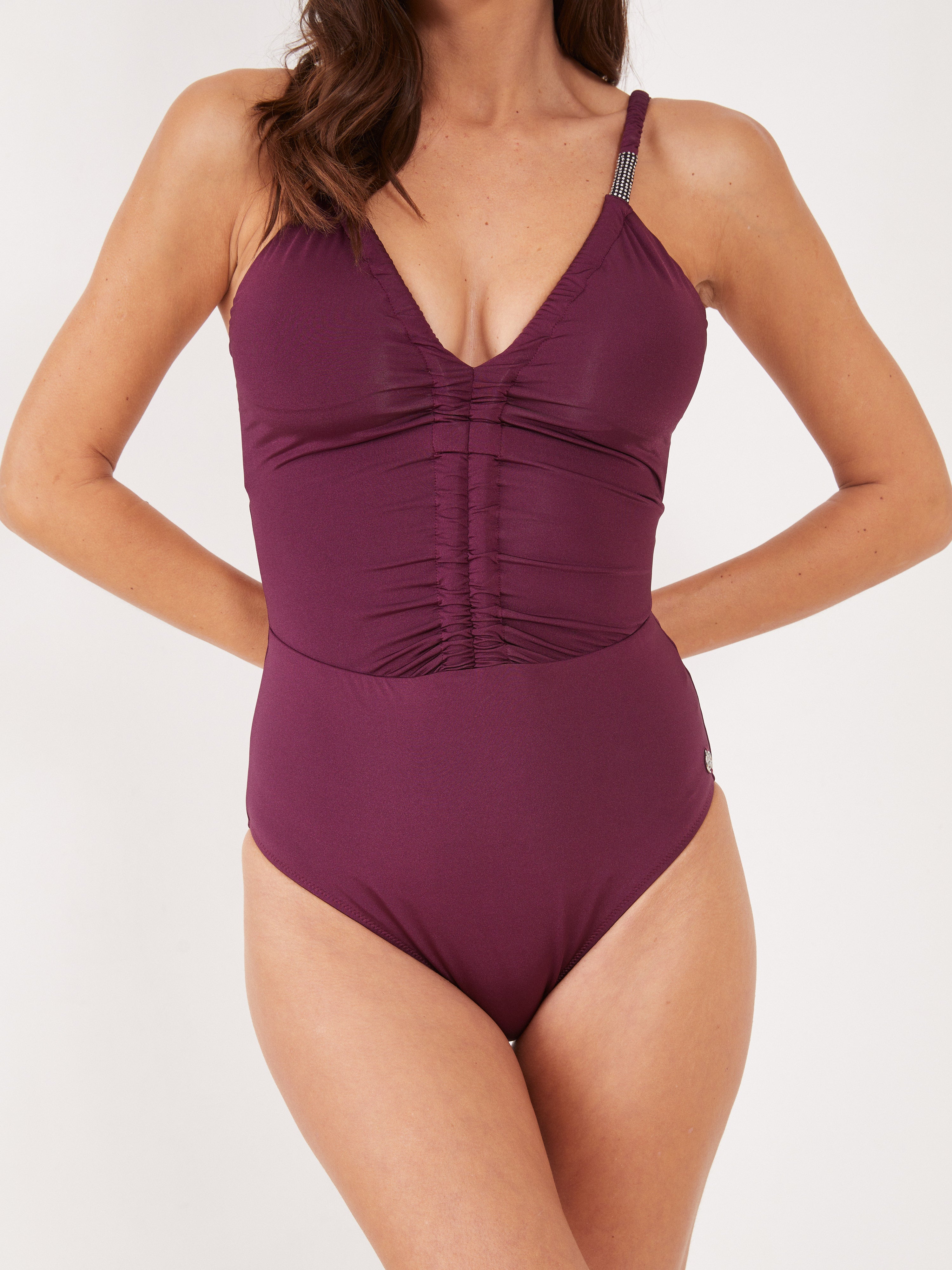 בגד ים שלם מבריק קולר אבזם - סגול