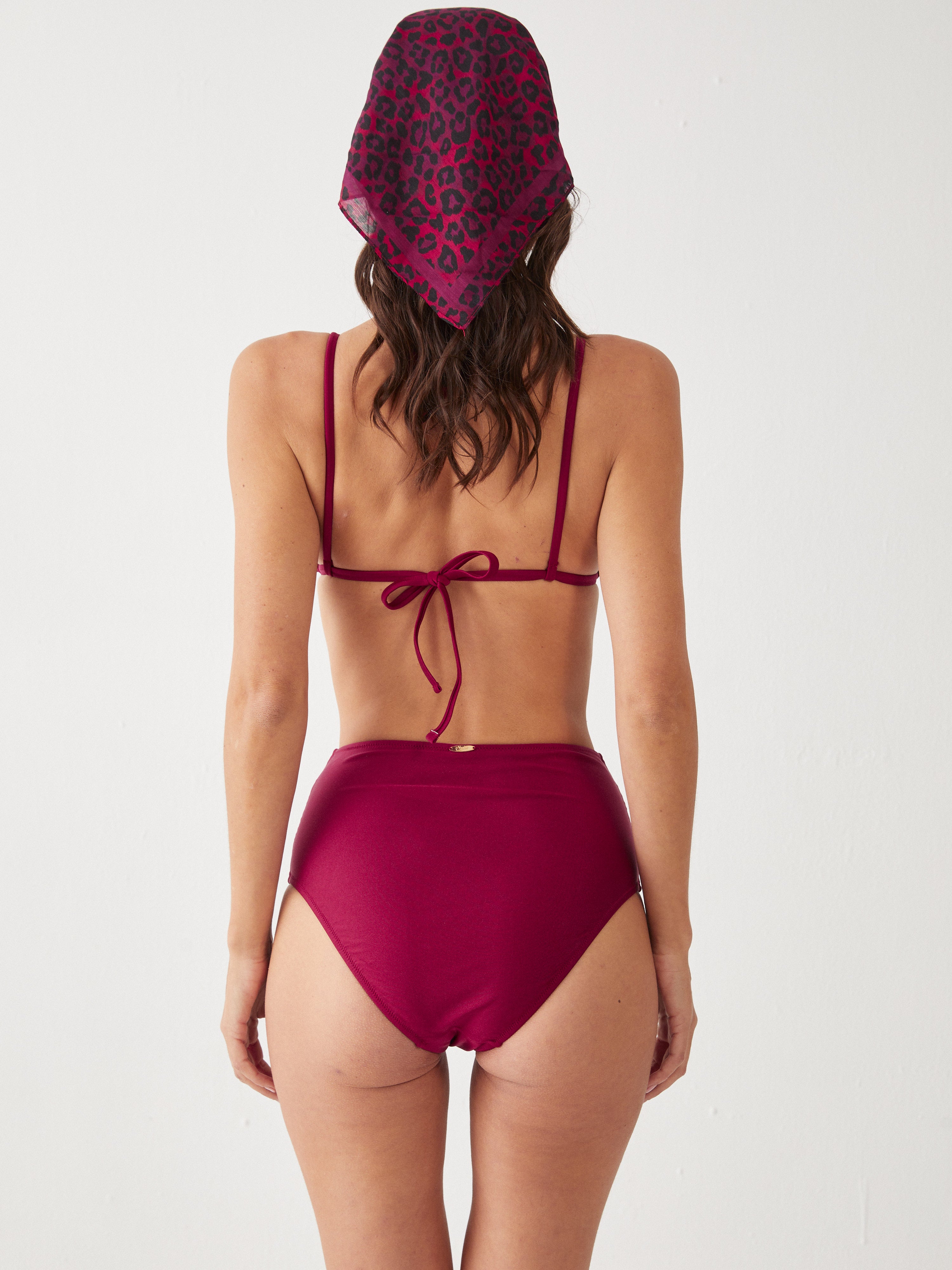 בגד ים תחתון מותן גבוהה בד מבריק - אדום יין