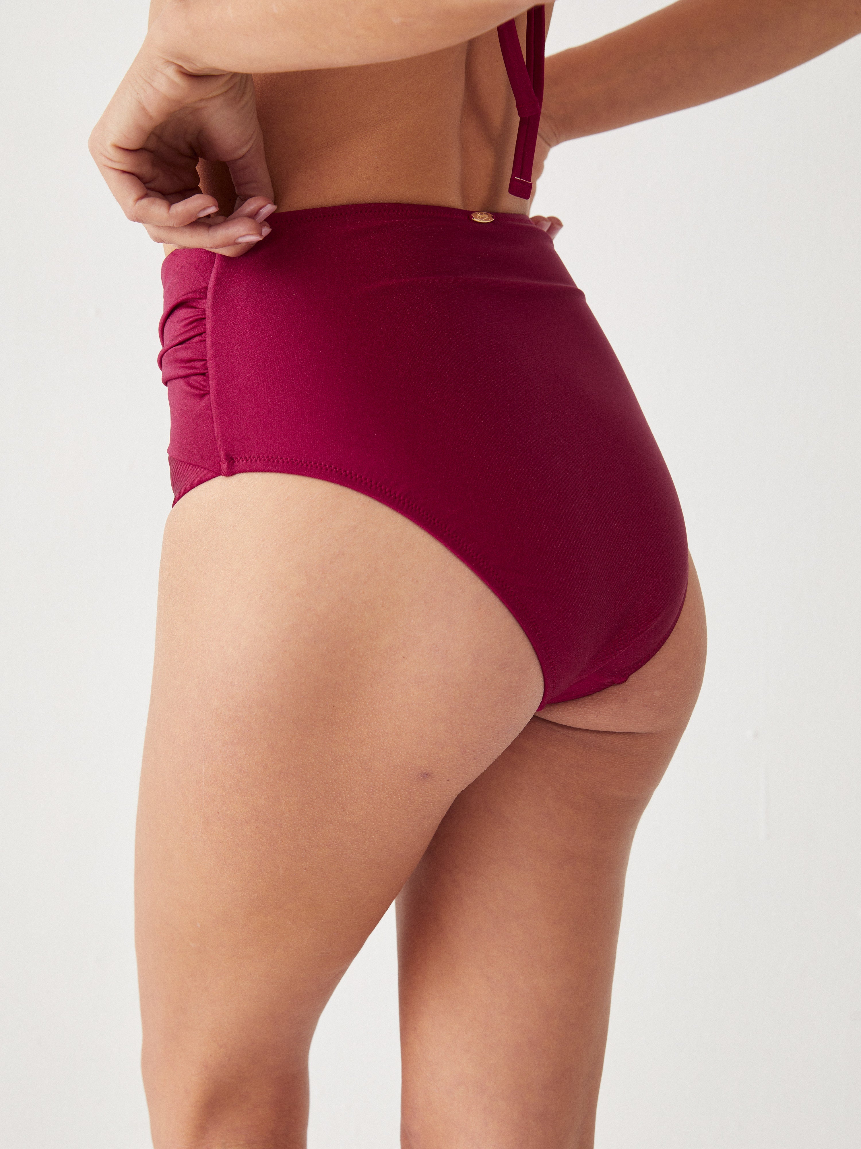 בגד ים תחתון מותן גבוהה בד מבריק - אדום יין