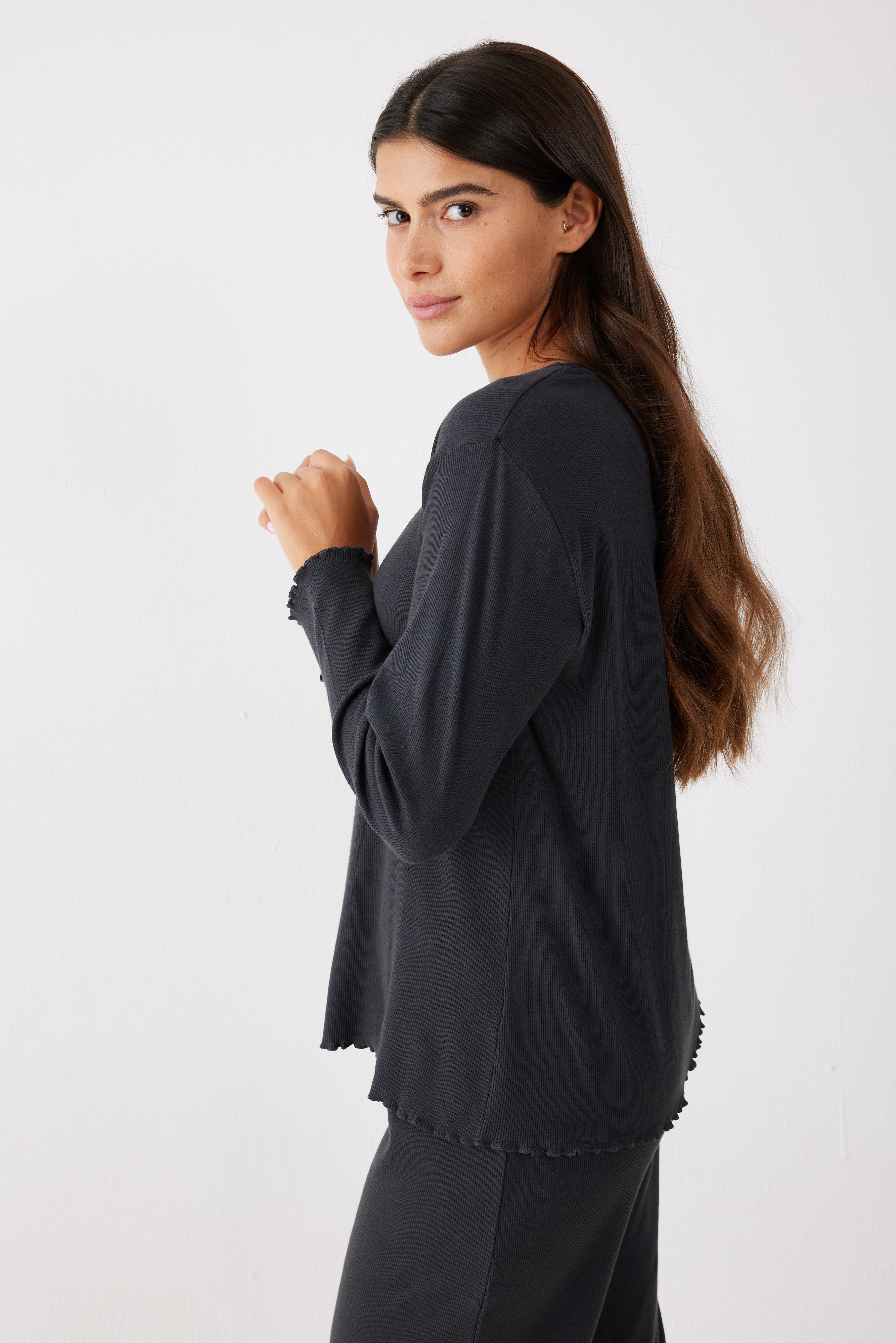 פיג'מה ריב כותנה - אפור כהה