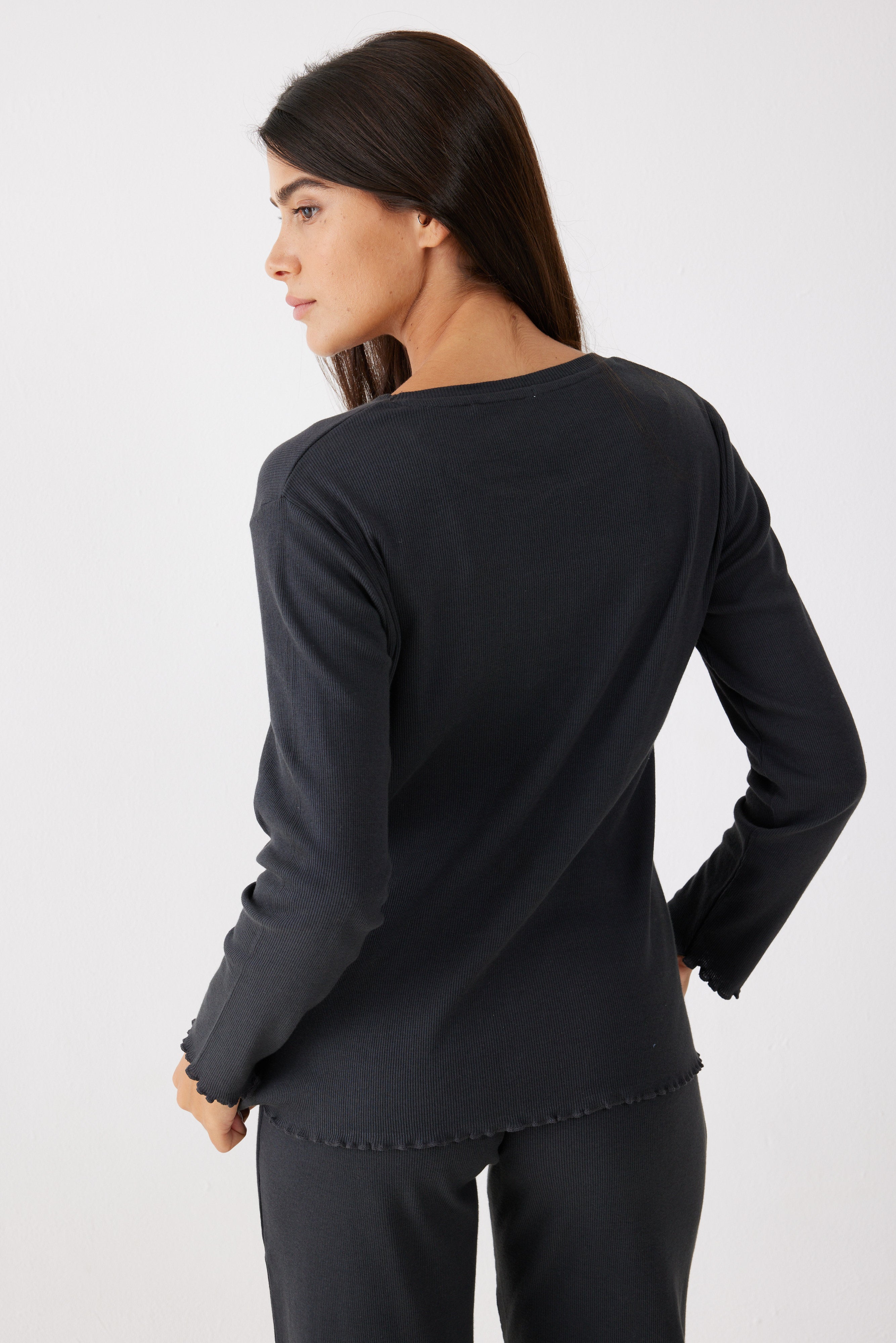 פיג'מה ריב כותנה - אפור כהה