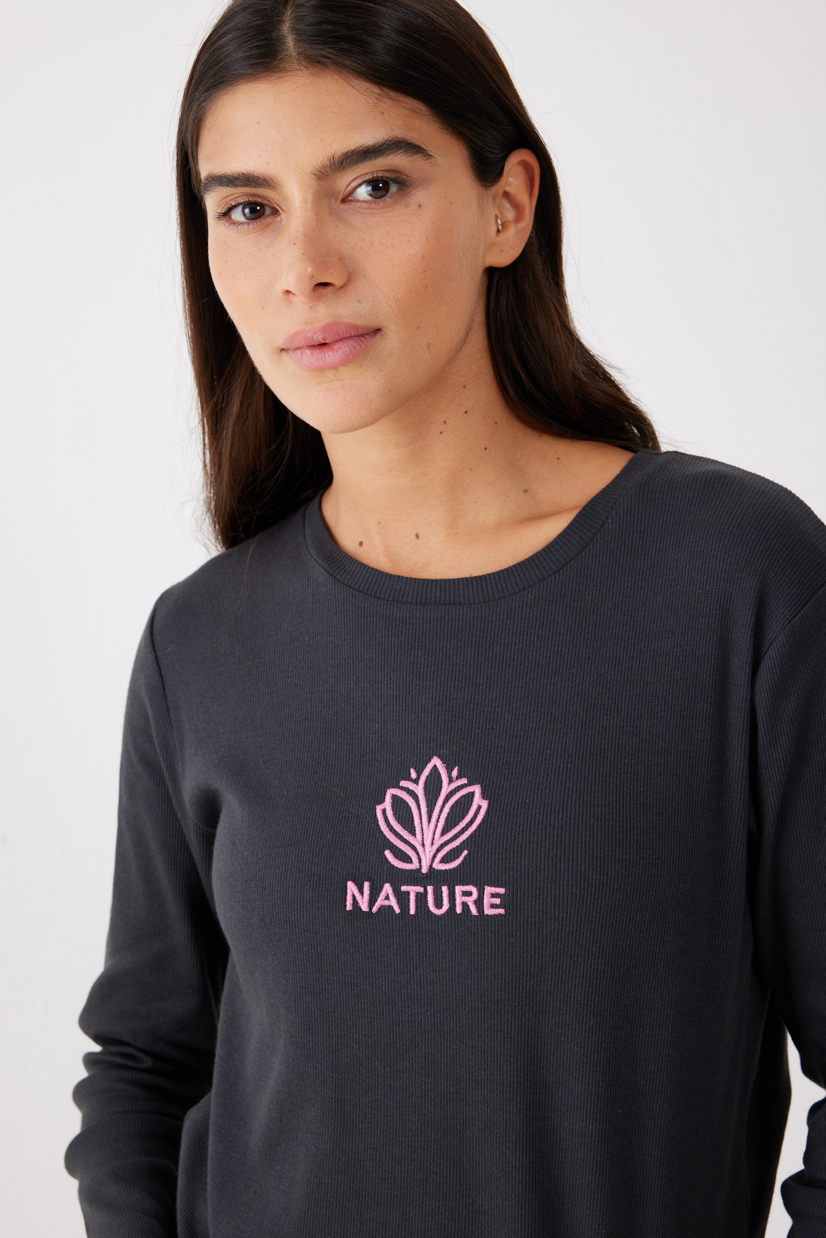 פיג'מה ריב כותנה - אפור כהה