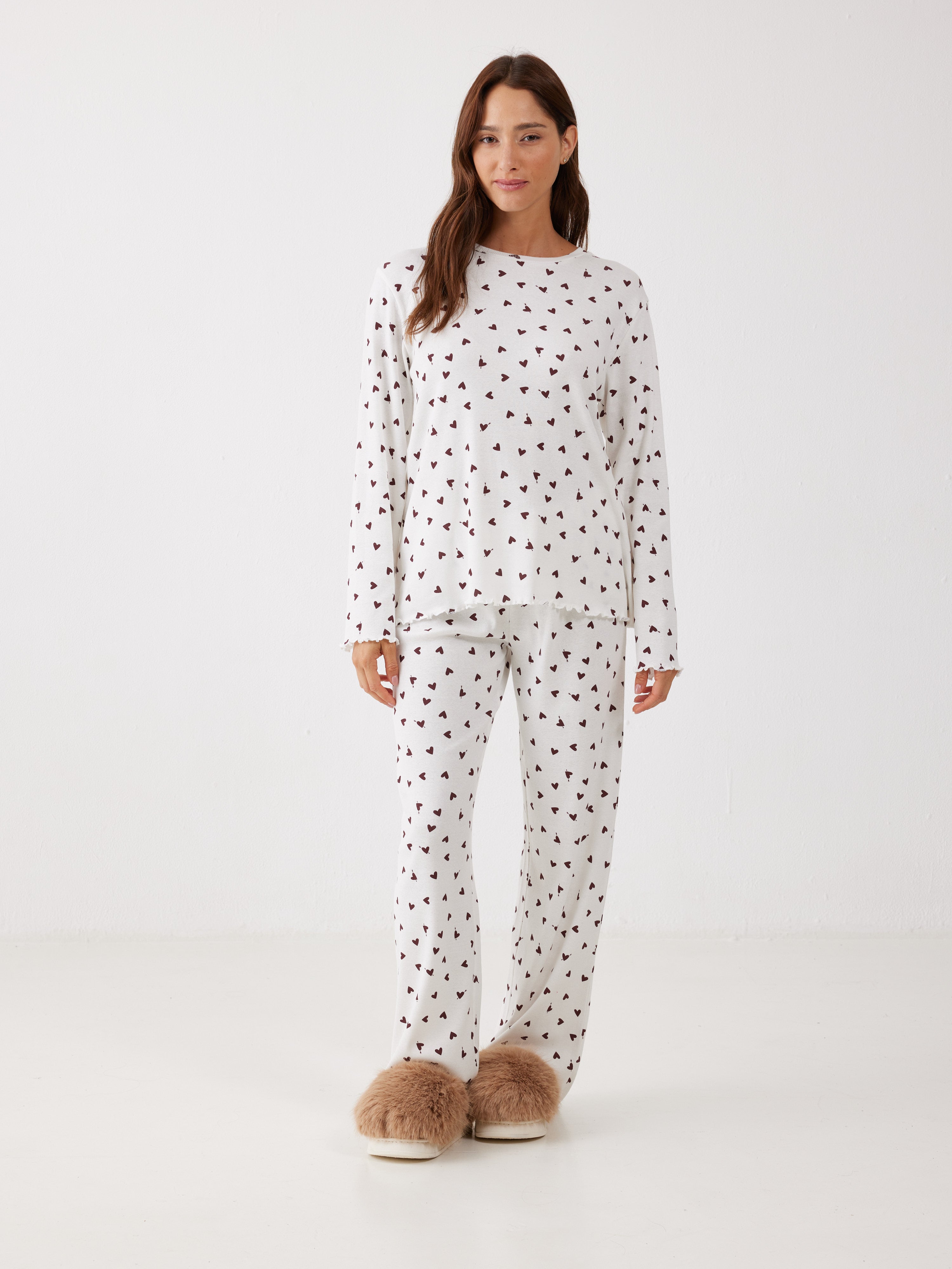 פיג'מה ריב כותנה - שמנת