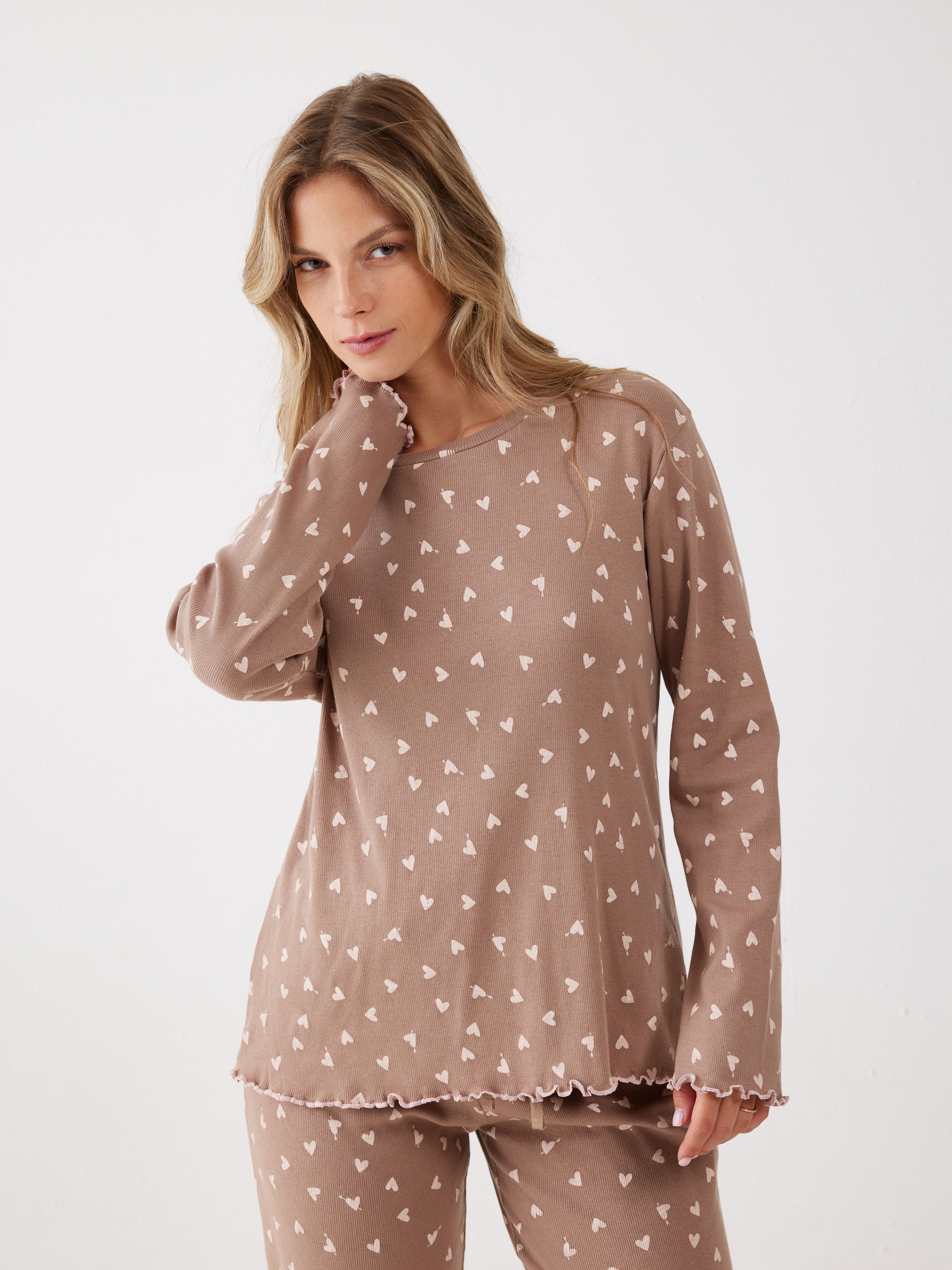 פיג'מה ריב כותנה - קפה