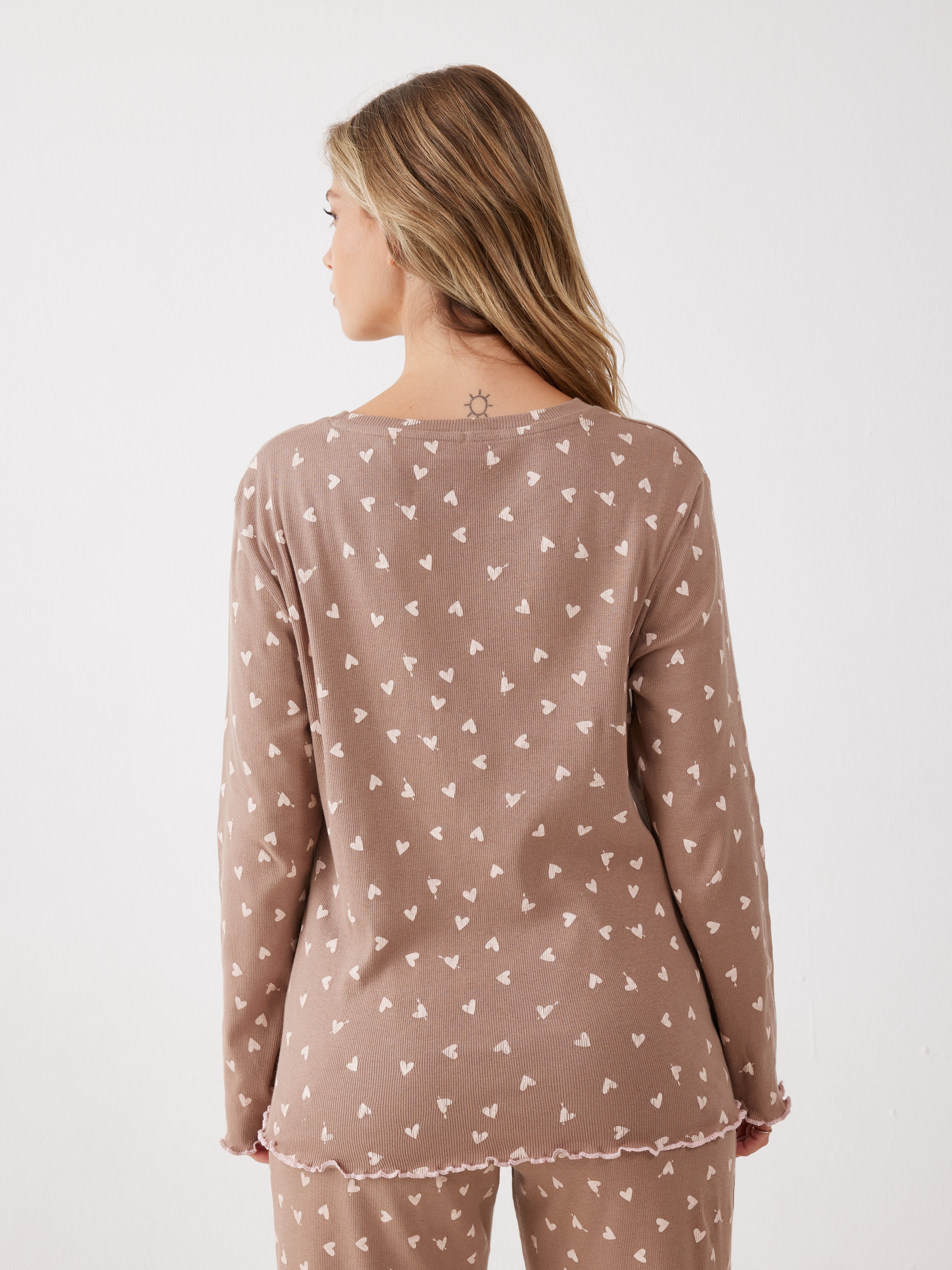 פיג'מה ריב כותנה - קפה