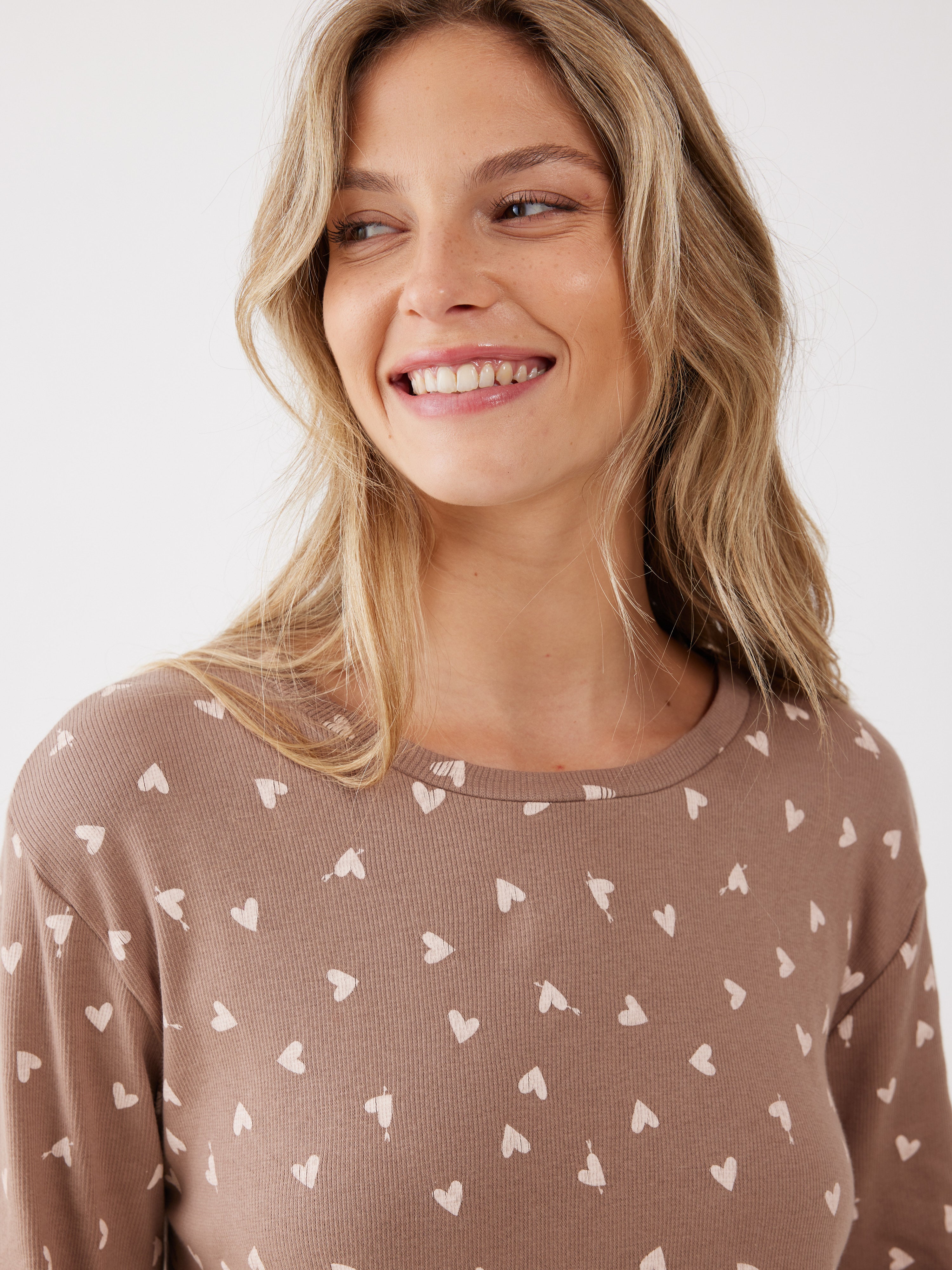 פיג'מה ריב כותנה - קפה