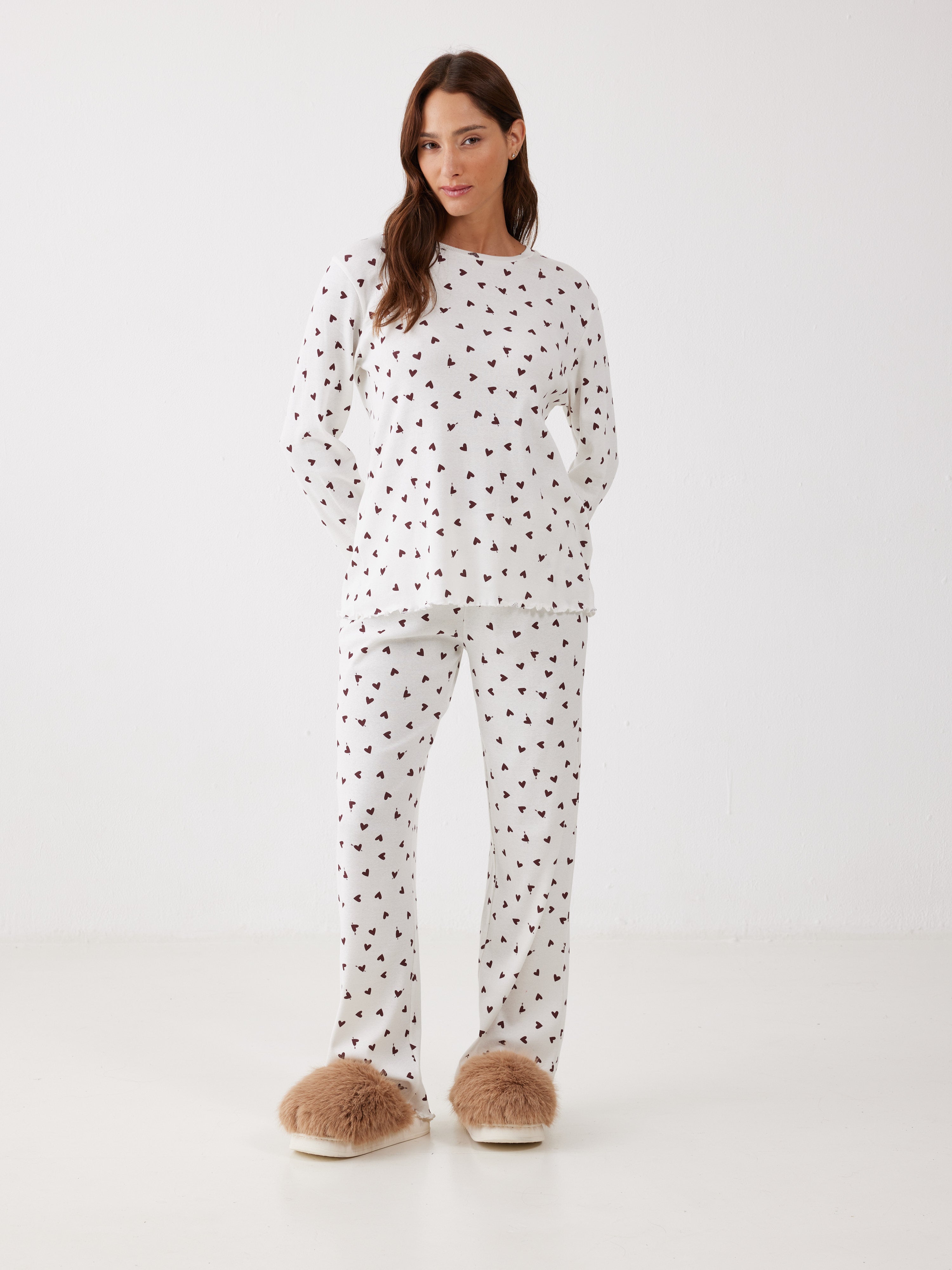 פיג'מה ריב כותנה - שמנת