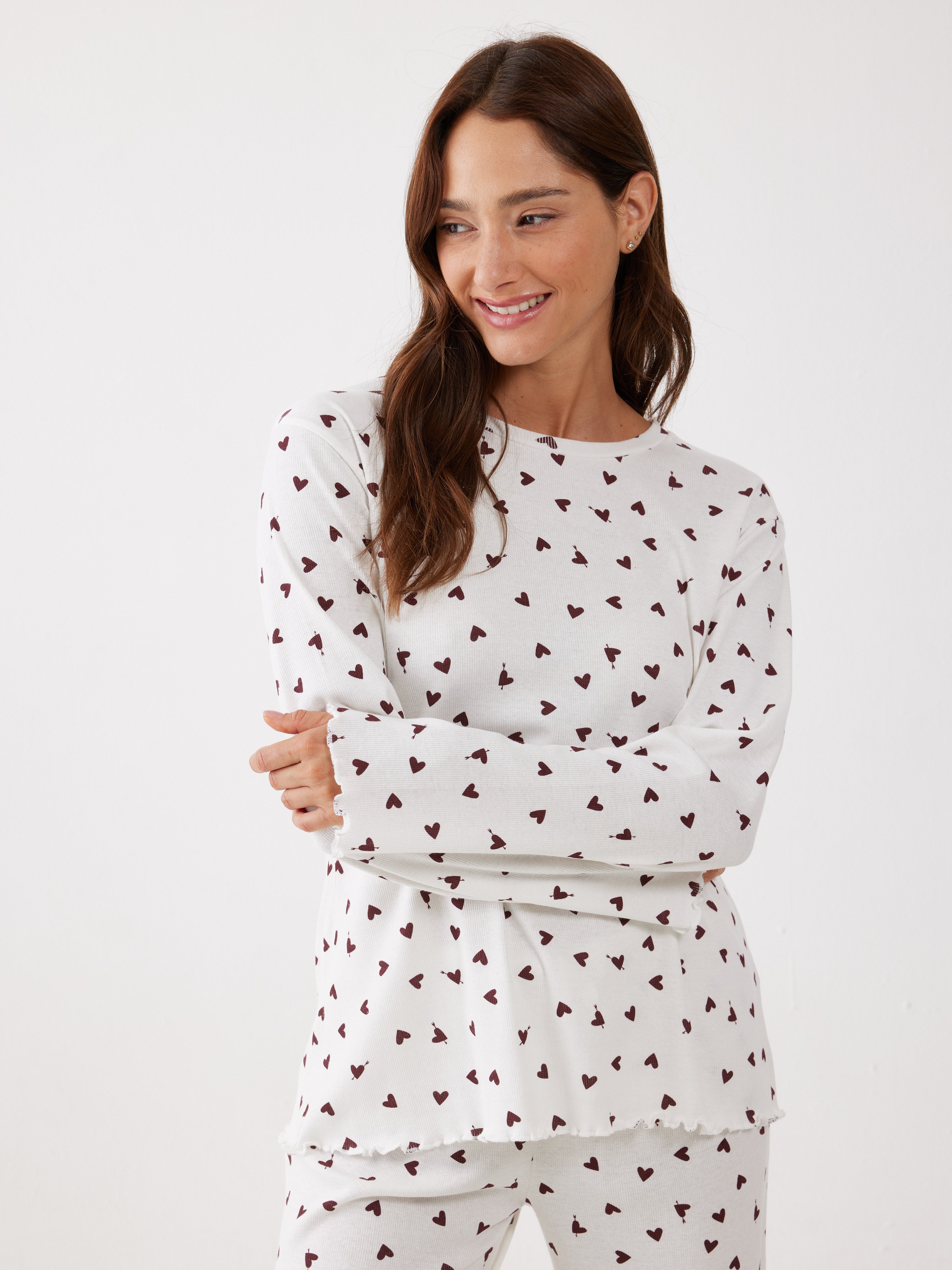 פיג'מה ריב כותנה - שמנת