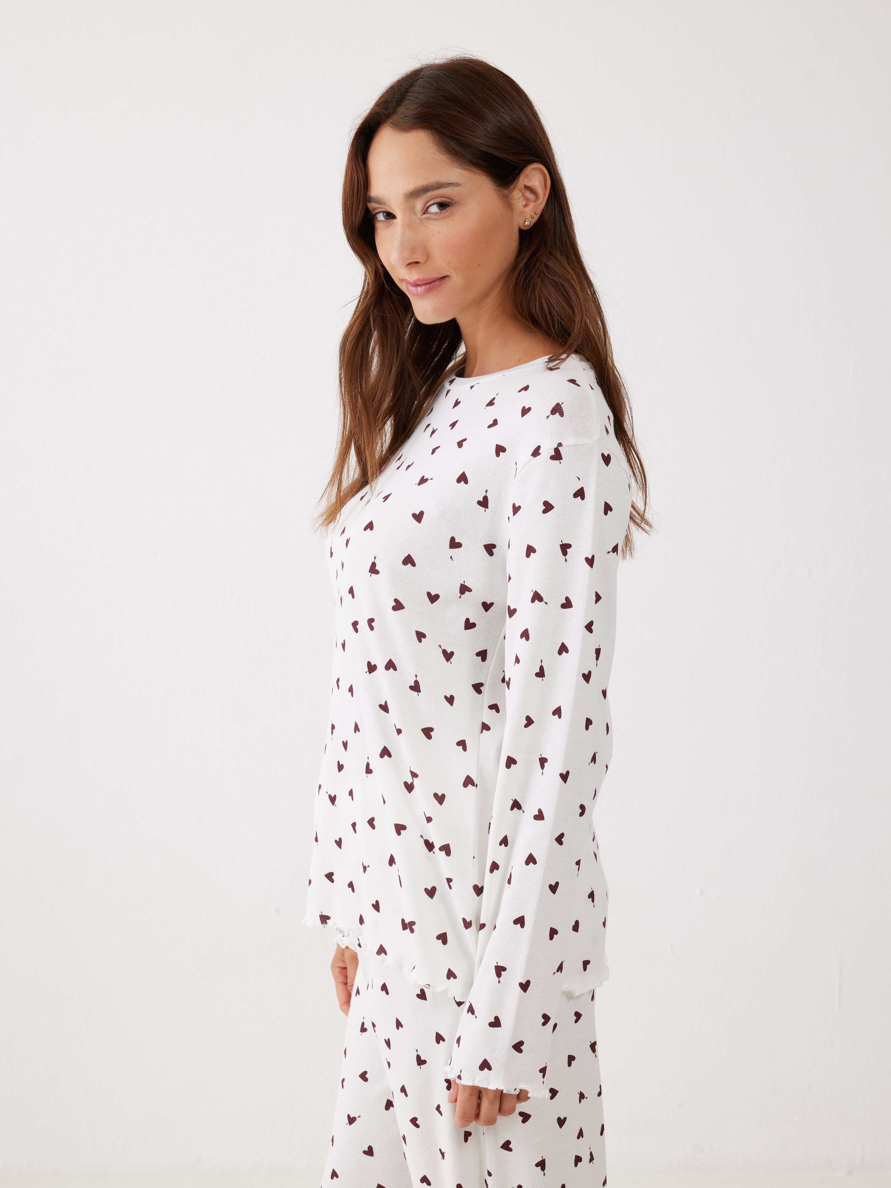 פיג'מה ריב כותנה - שמנת