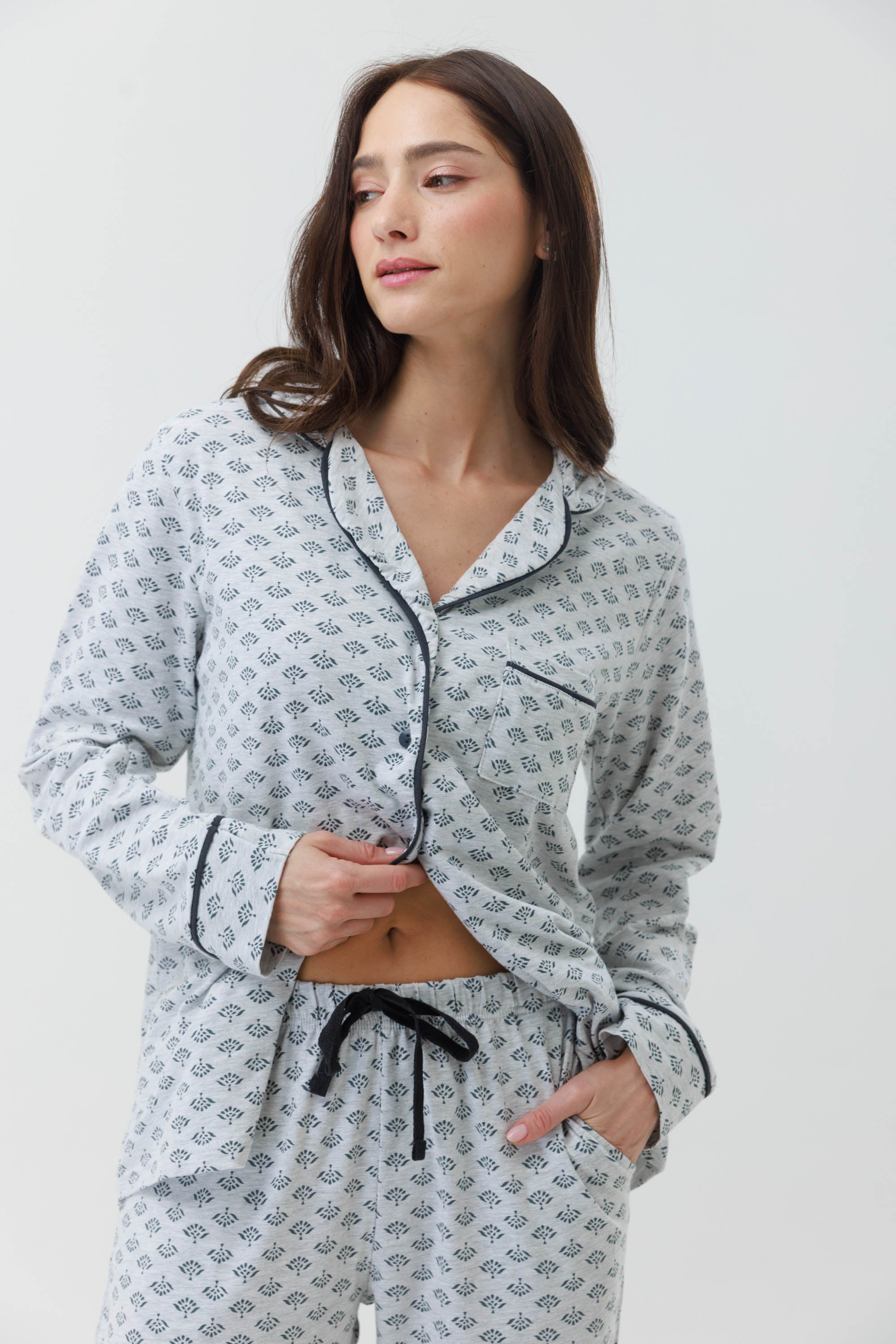 פיג'מה ויסקוזה מכופתרת - אפור מלאנז