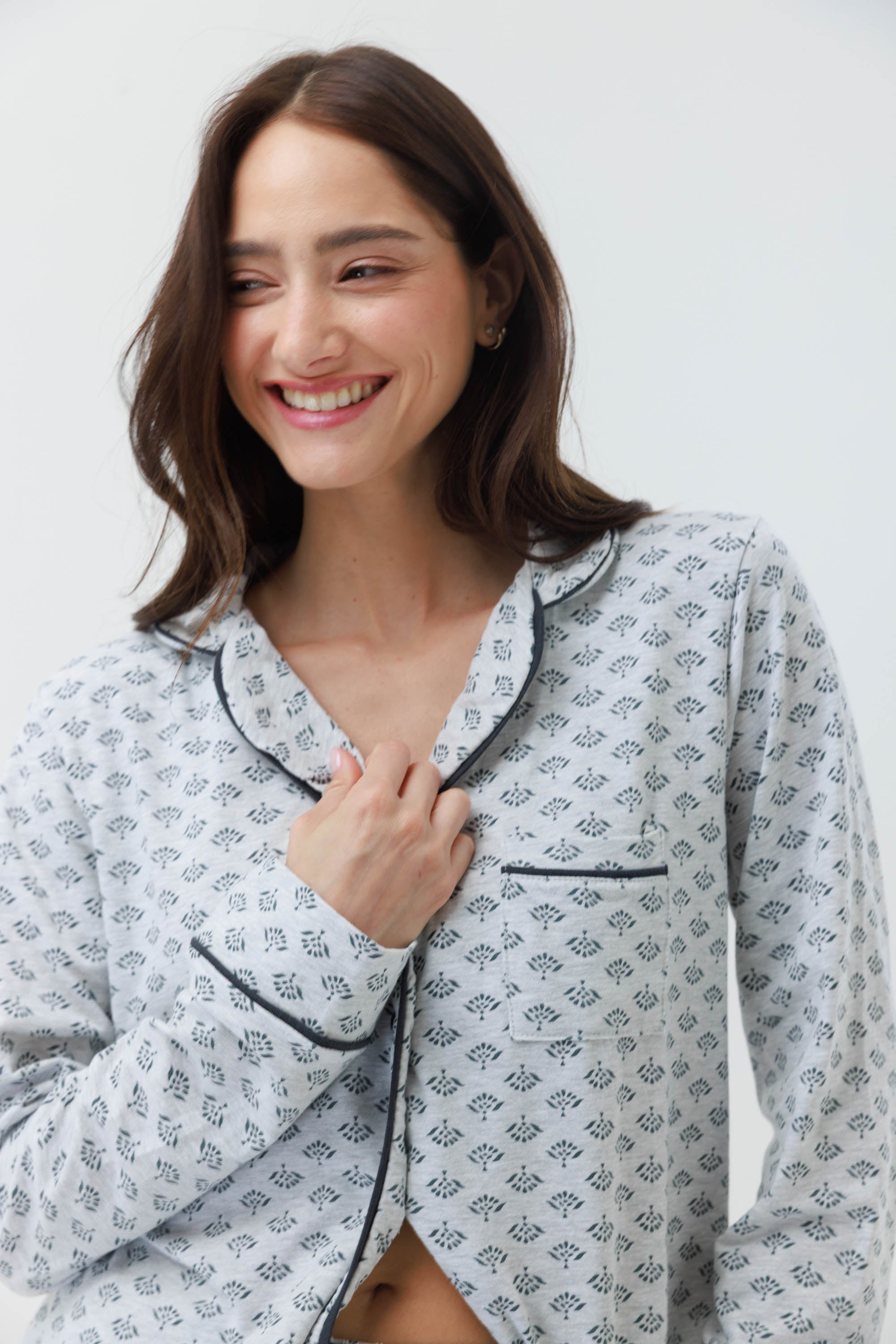 פיג'מה ויסקוזה מכופתרת - אפור מלאנז