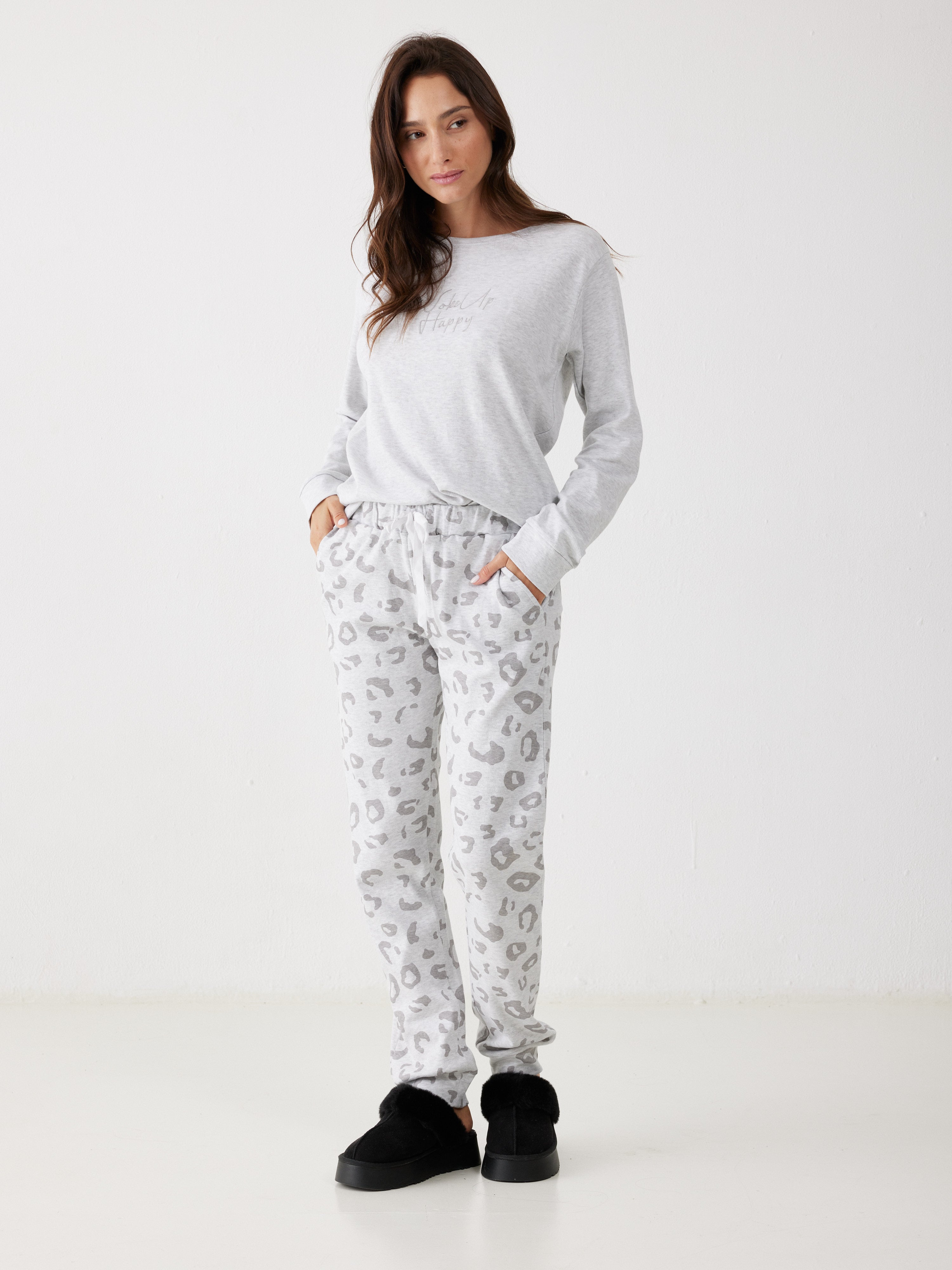 פיג'מה 100% כותנה - אפור מלאנז'