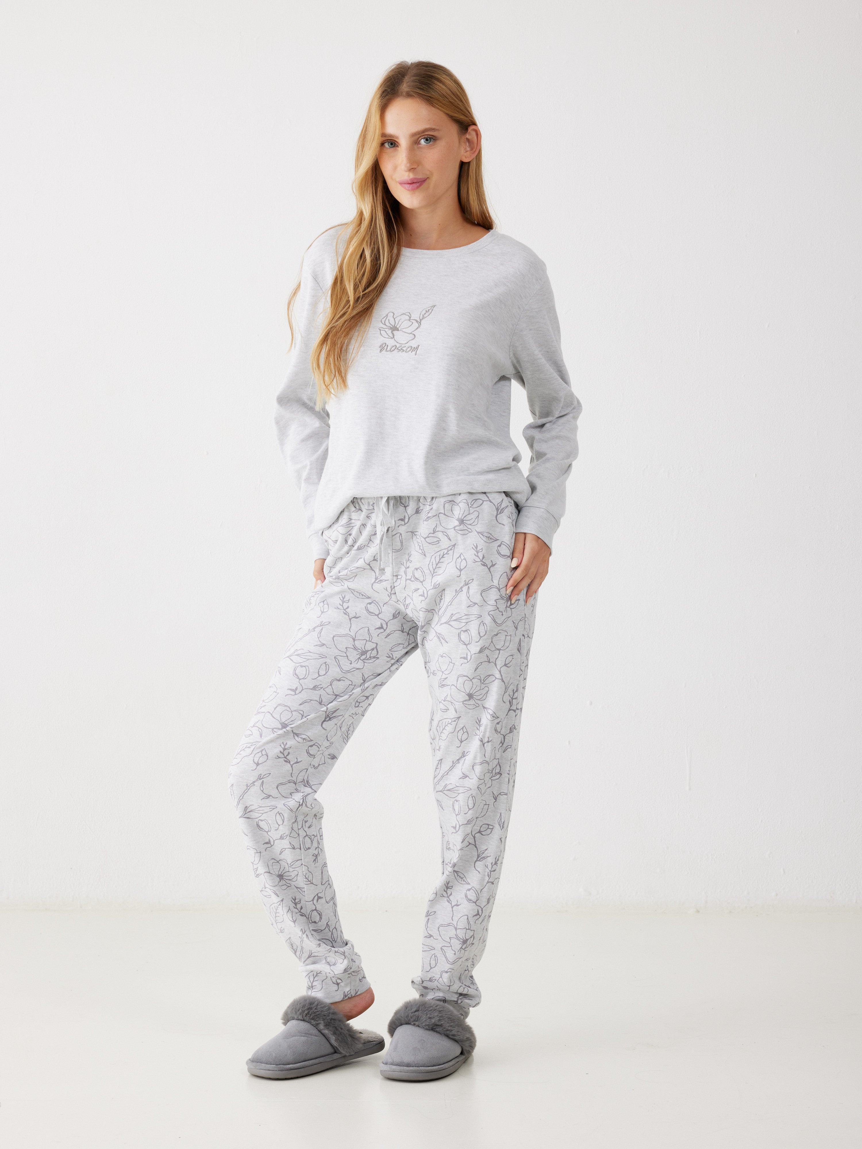 פיג'מה 100% כותנה - אפור מלאנז'