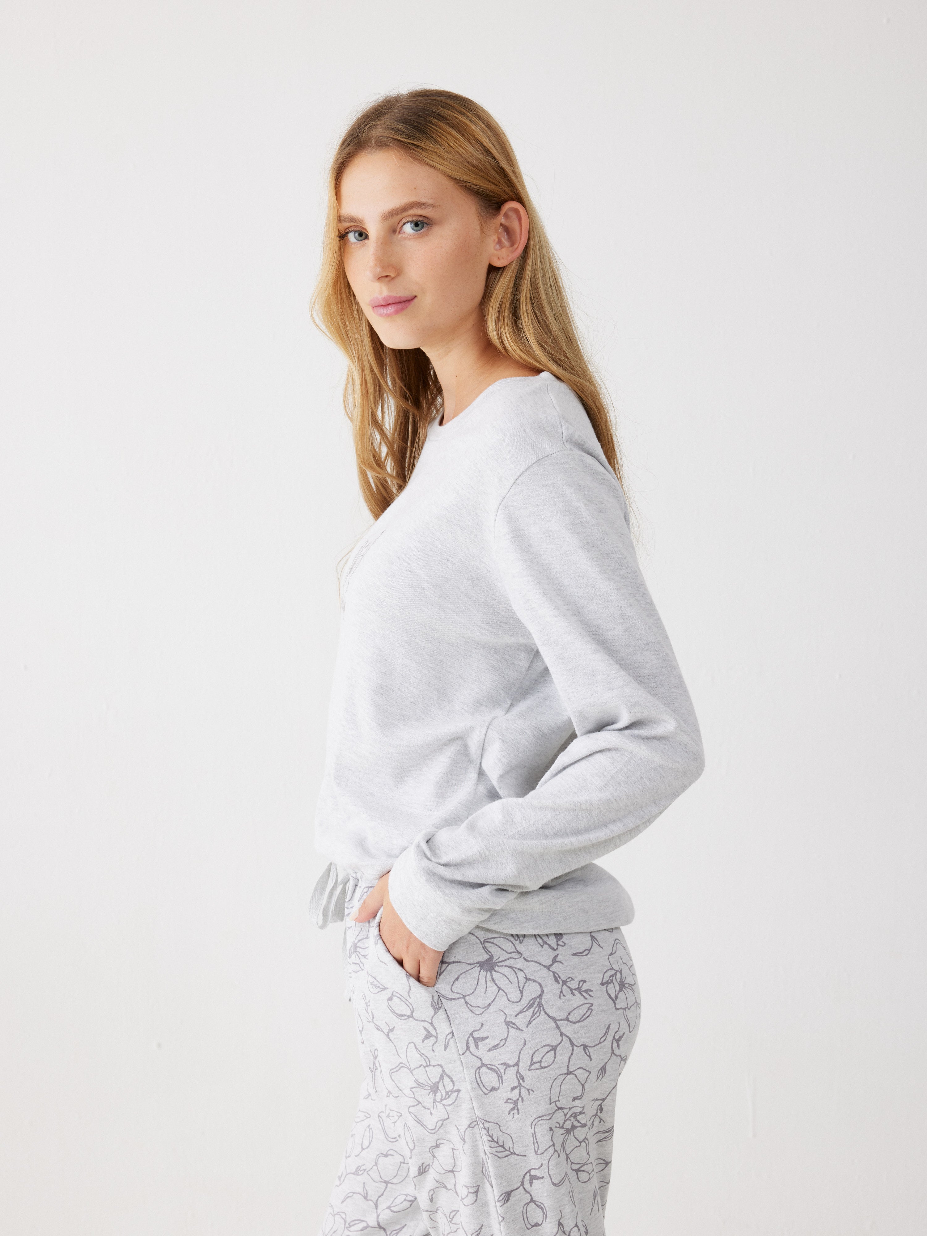 פיג'מה 100% כותנה - אפור מלאנז'