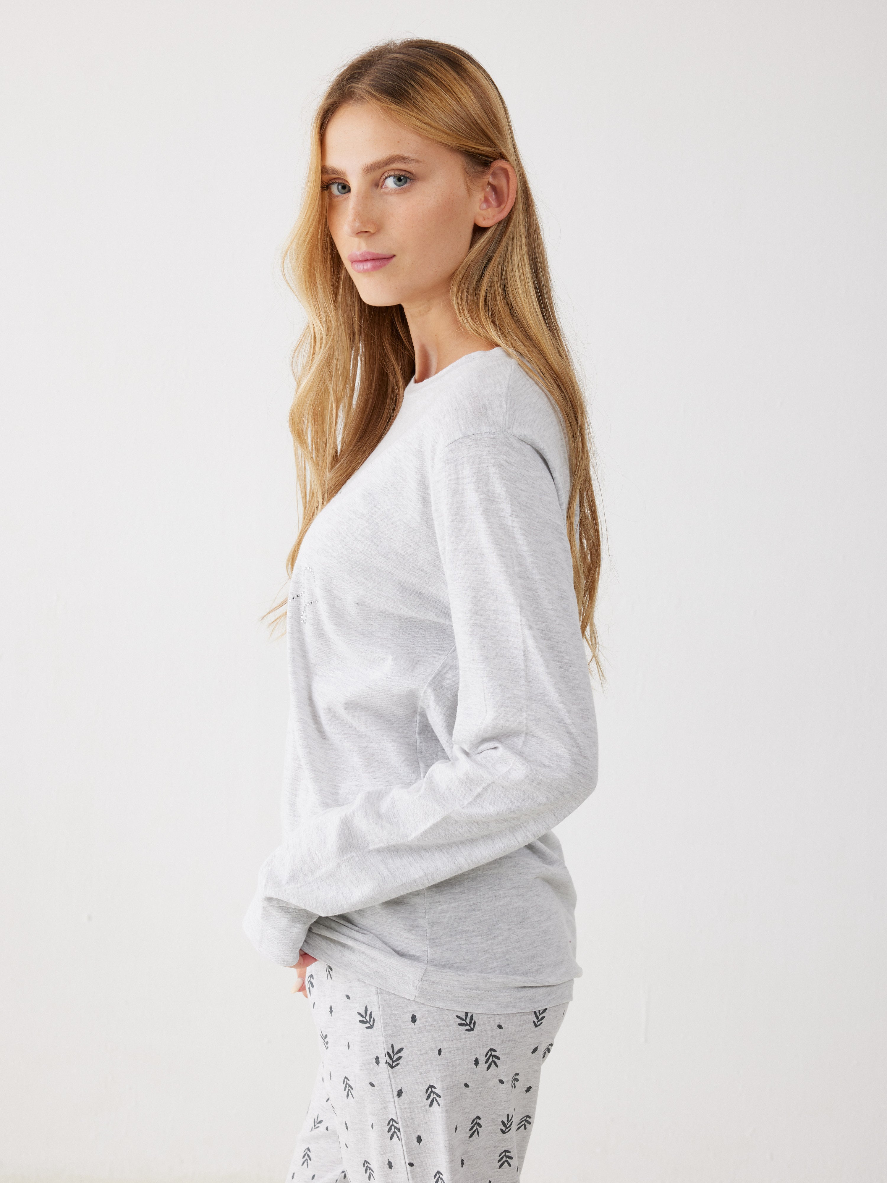 פיג'מה 100% כותנה - אפור מלאנז'