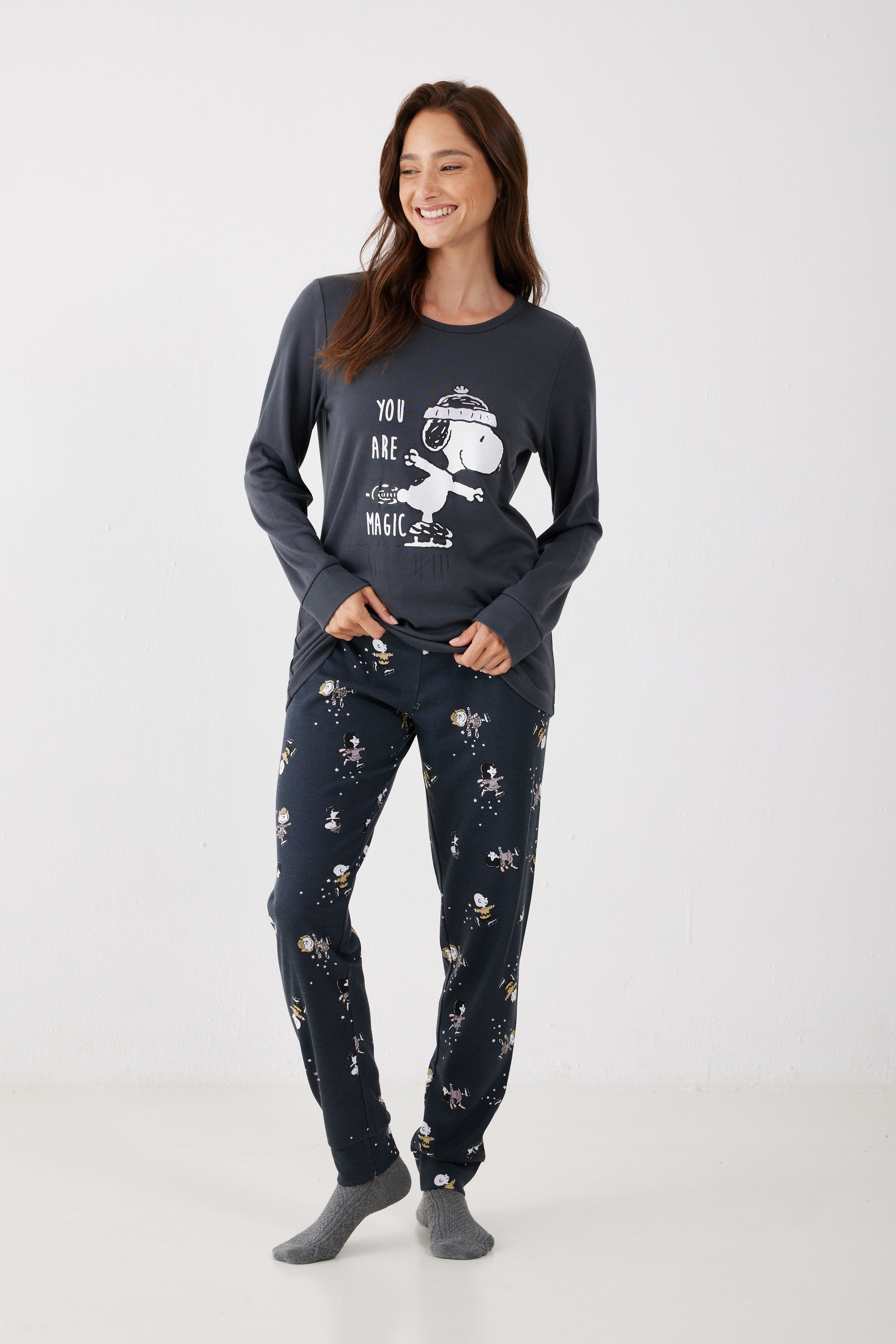 פיג'מה סנופי אינטרלוק - אפור כהה