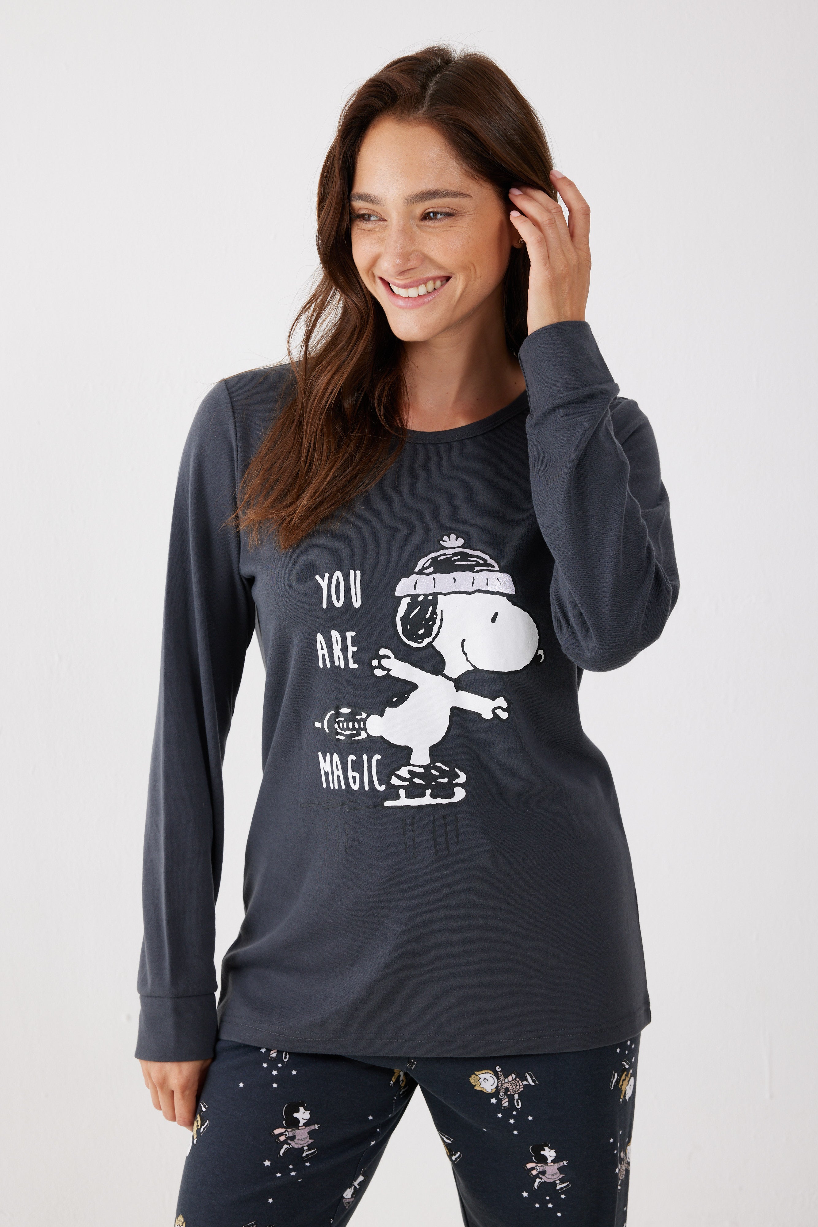 פיג'מה סנופי אינטרלוק - אפור כהה