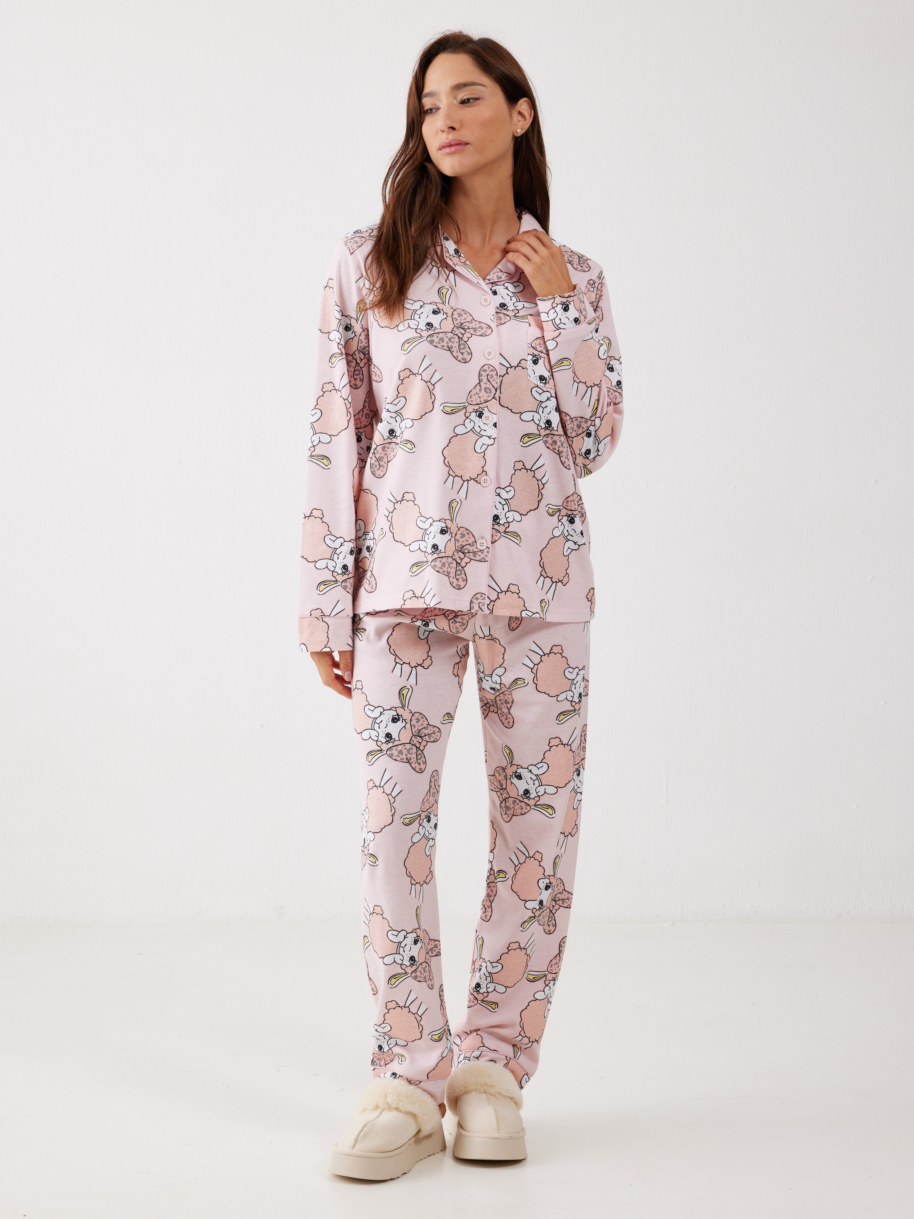 פיג'מה פיפה מכופתרת אינטרלוק - ורוד