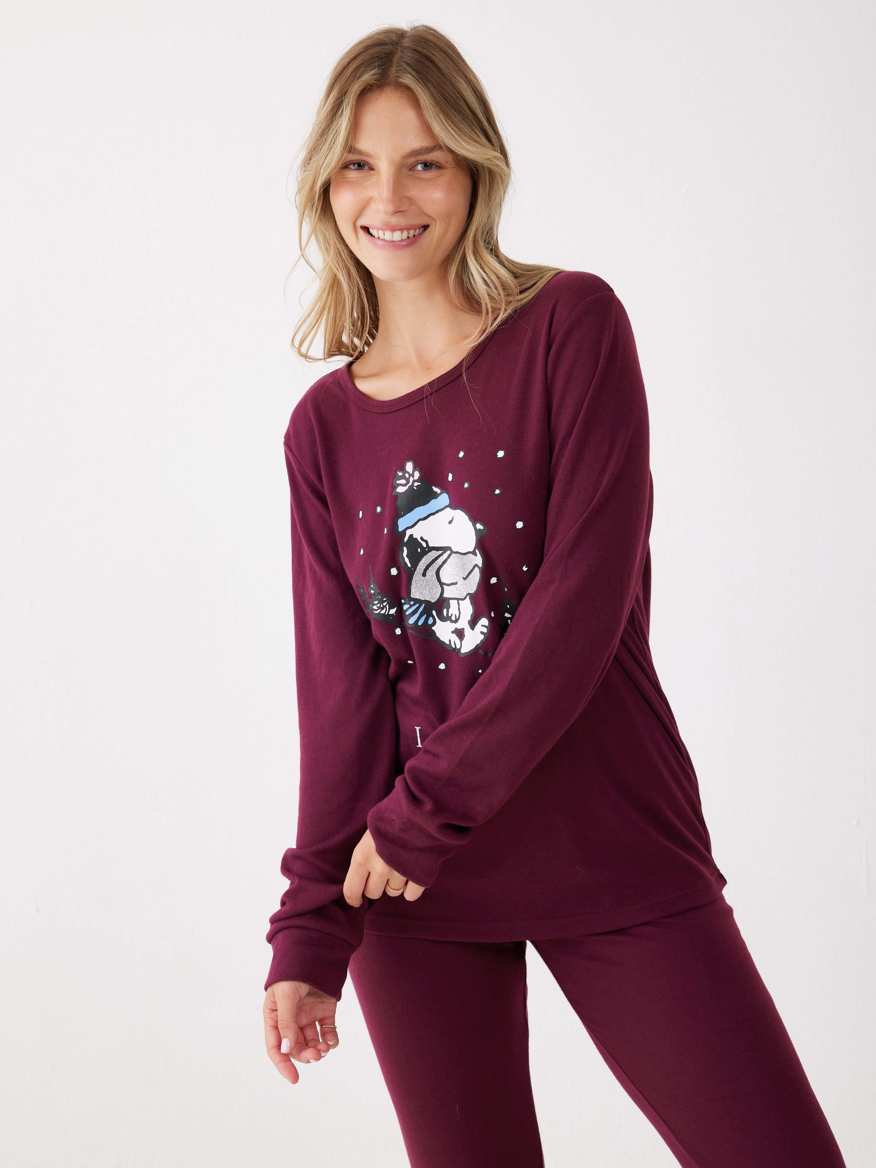 פיג'מת סנופי loving winter - בורדו