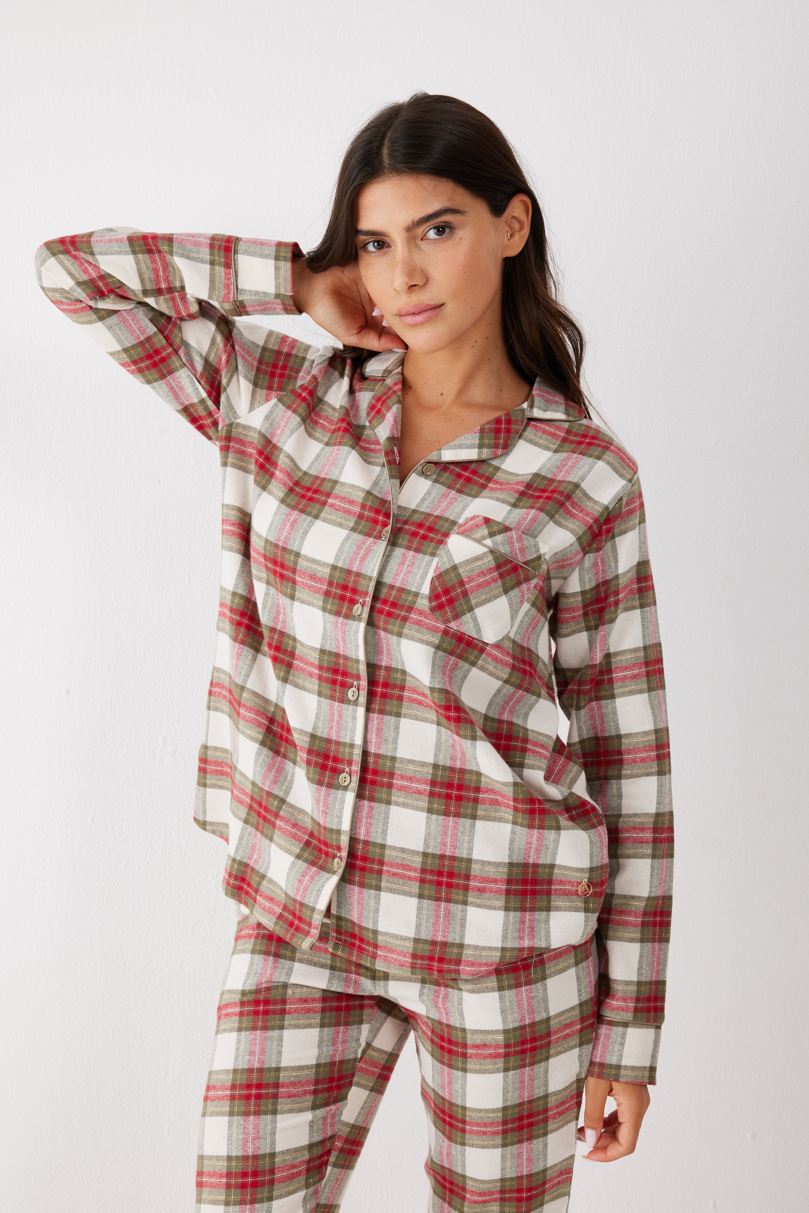 פיג'מה מכופתרת משבצות פלאנל - ירוק זית