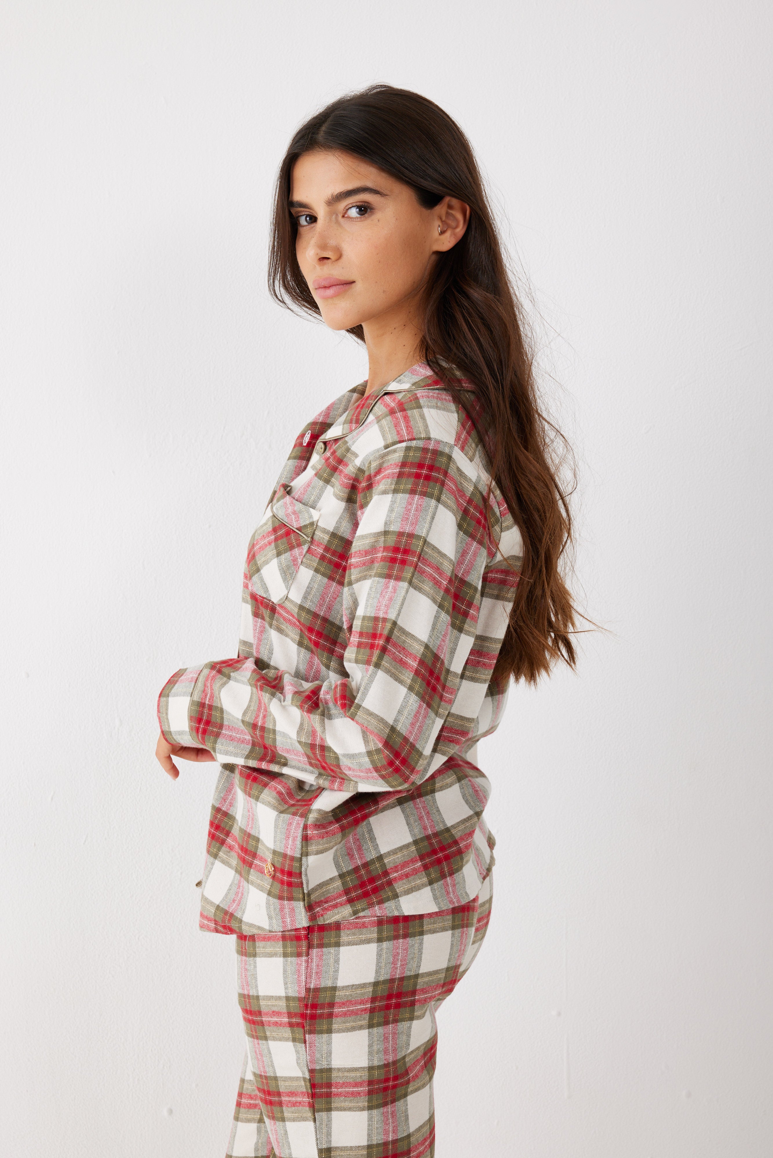 פיג'מה מכופתרת משבצות פלאנל - ירוק זית