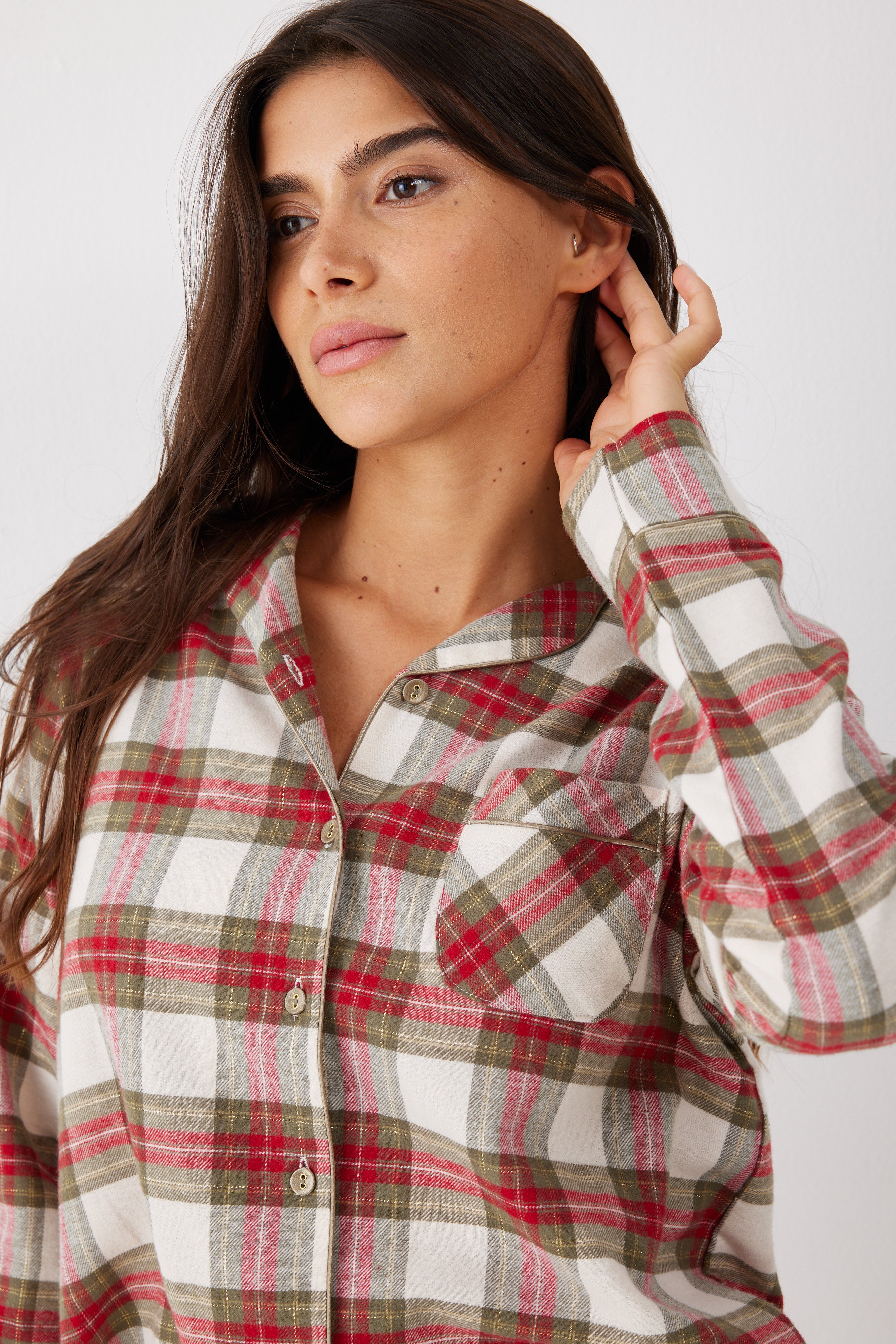 פיג'מה מכופתרת משבצות פלאנל - ירוק זית