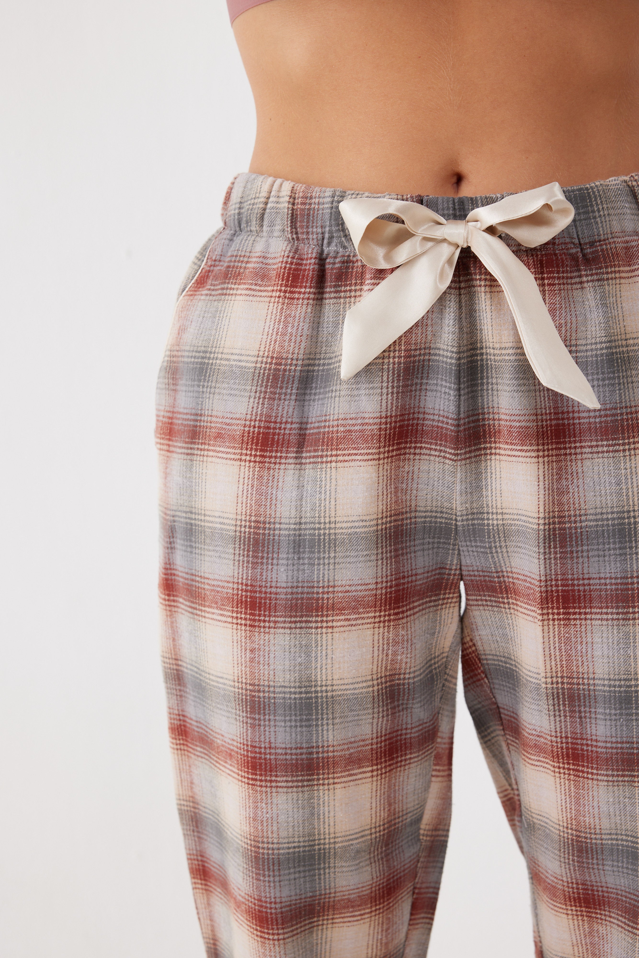 פיג'מה מכופתרת משבצות פלאנל - חול