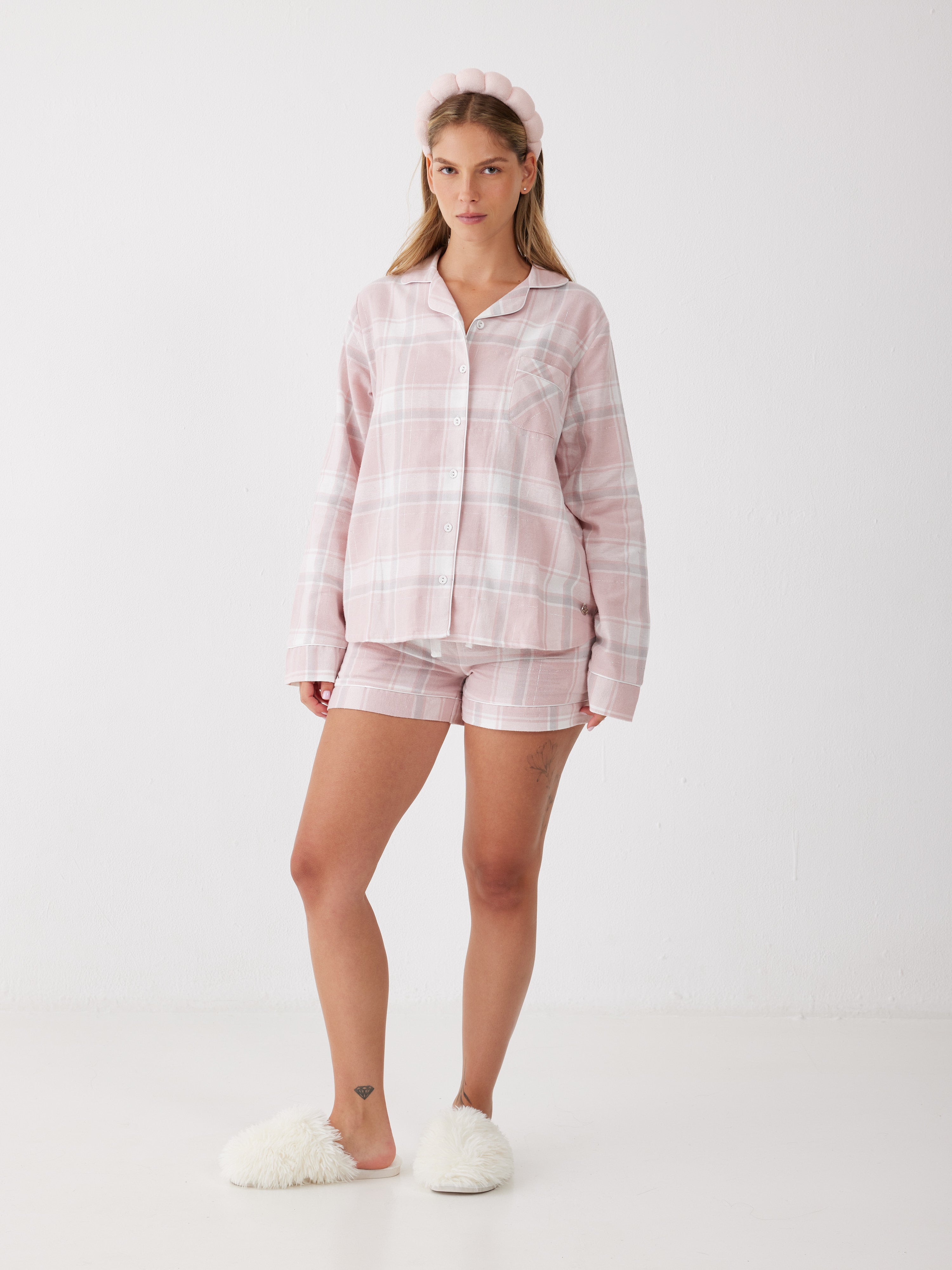 פיג'מת פלנל מכופתרת מכנס קצר - ורוד מעושן