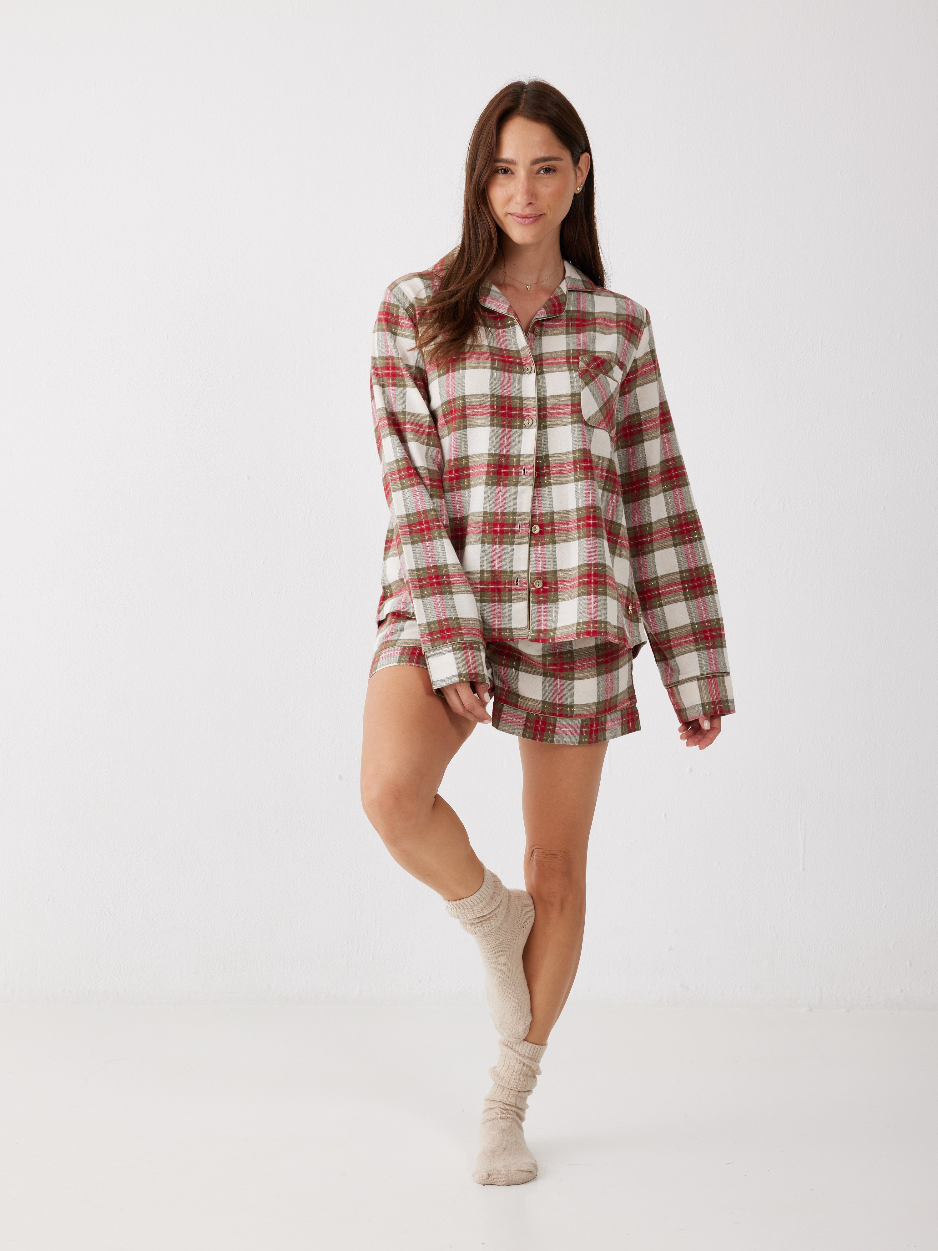 פיג'מה קצרה מכופתרת משבצות פלאנל - ירוק זית